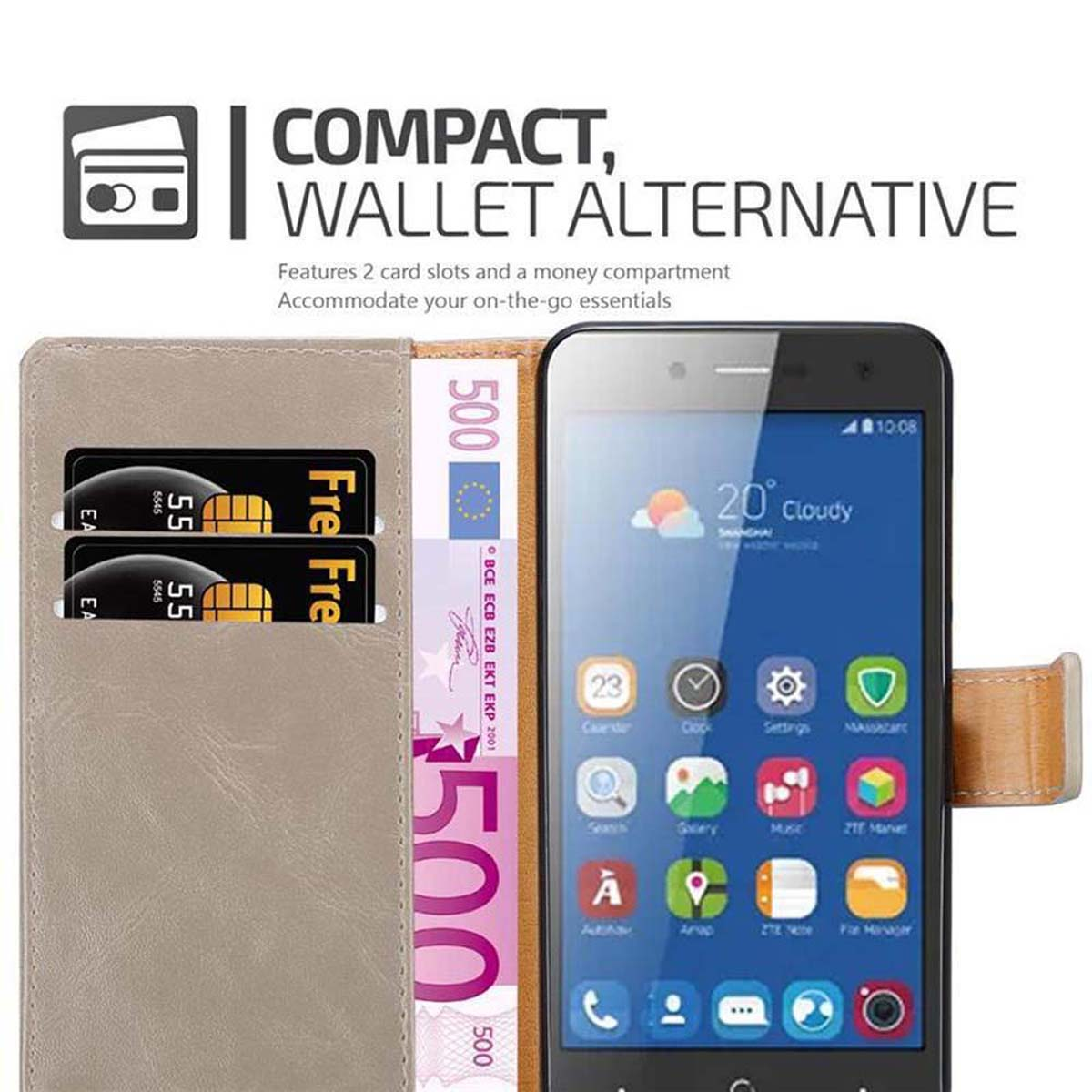Smartphone in una custodia a portafoglio, due carte e alcune banconote in euro visibili. Testo: Compatto, alternativa al portafoglio.