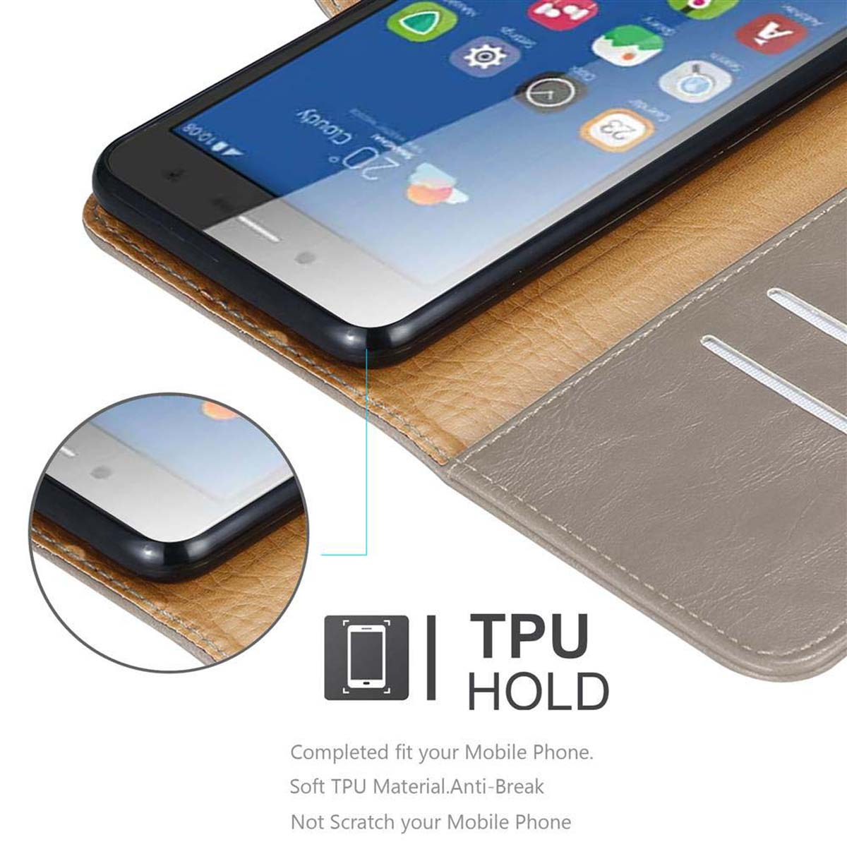 Una custodia per telefono aperta, che mostra un telefono all'interno, e testo sulla tenuta in TPU e sul materiale anti-rottura.