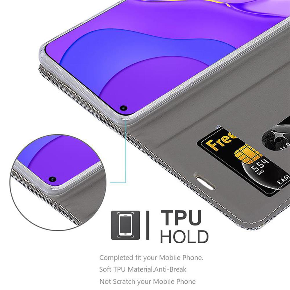 Primo piano di una custodia per telefono. Un telefono è all'interno della custodia. C'è una carta nella custodia.