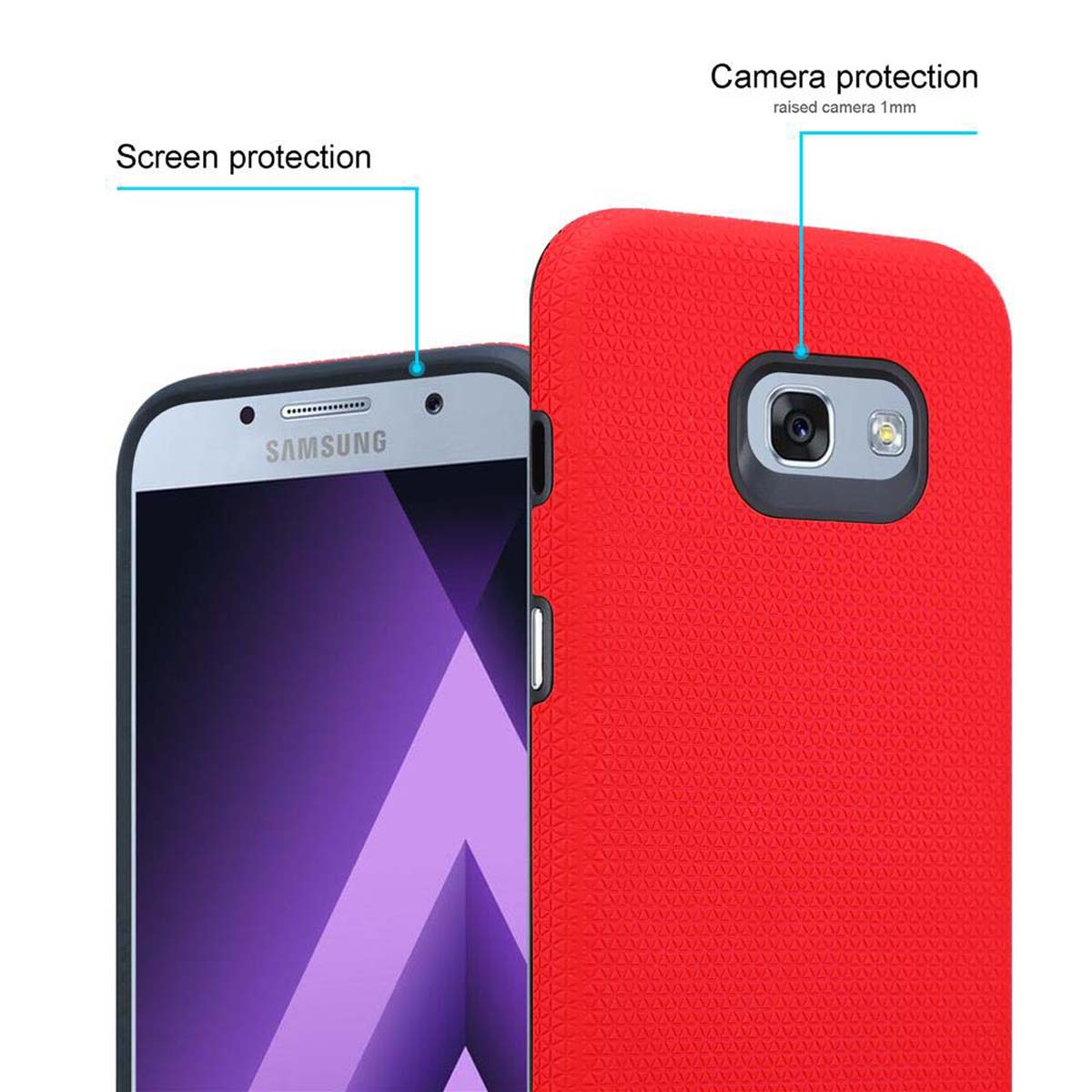 Una custodia per telefono, metà rossa. Il telefono è all'interno della custodia. La custodia ha una protezione per la fotocamera.