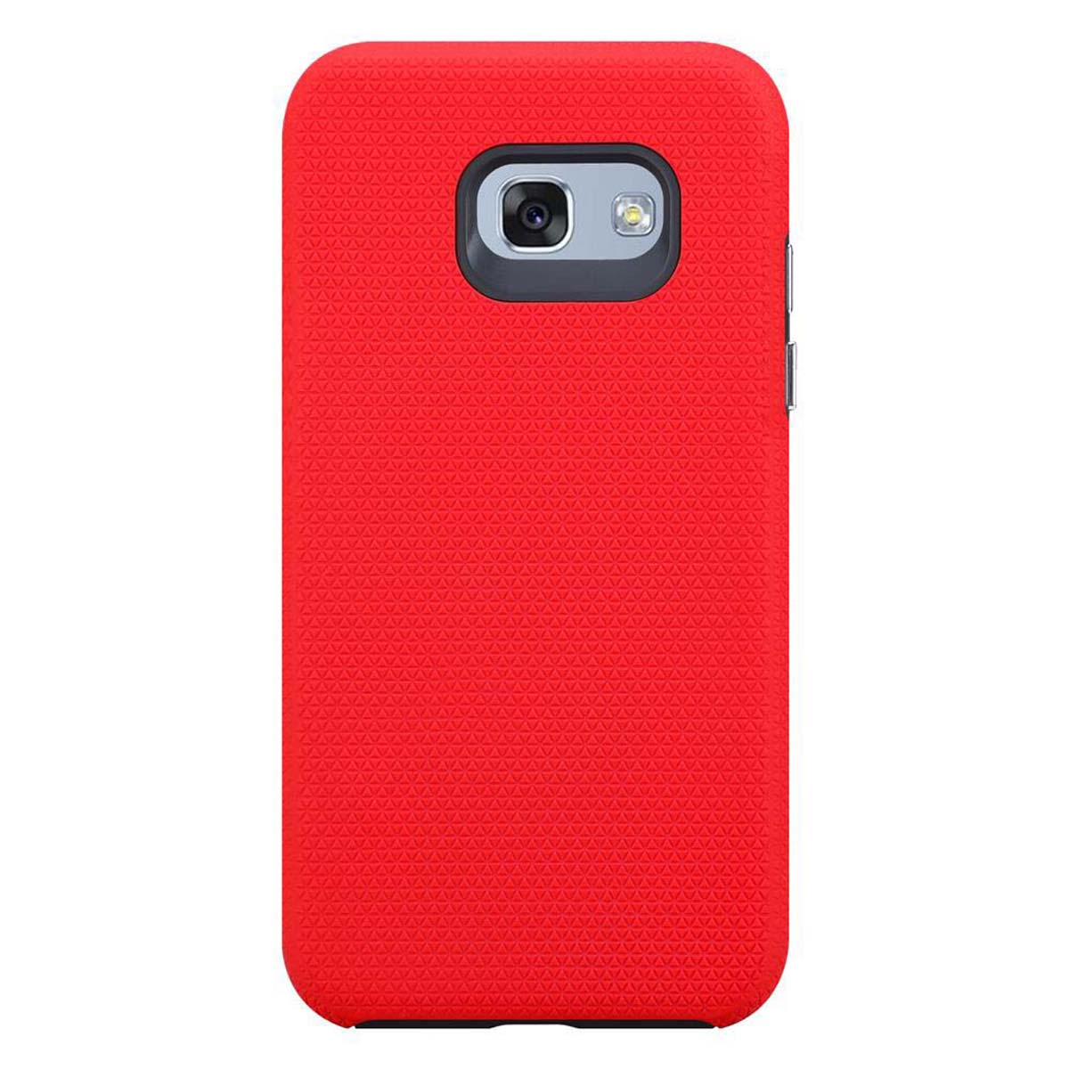 Custodia per telefono rossa. La custodia ha un ritaglio per fotocamera e flash. La custodia ha un motivo strutturato.