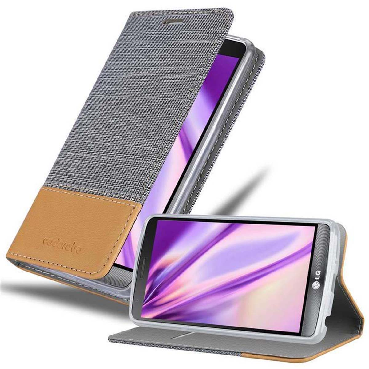 Funda de teléfono con tela gris, cuero marrón y teléfono abierto con logo LG y pantalla morada.
