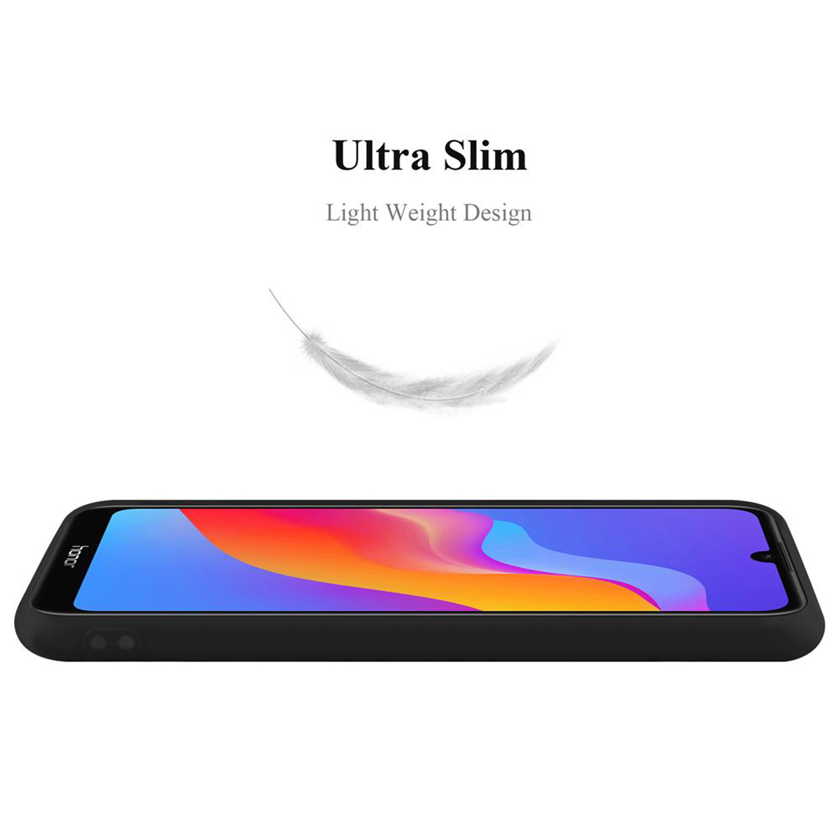 Una custodia per telefono nera con una piuma e il testo 'Ultra Slim, Light Weight Design'.