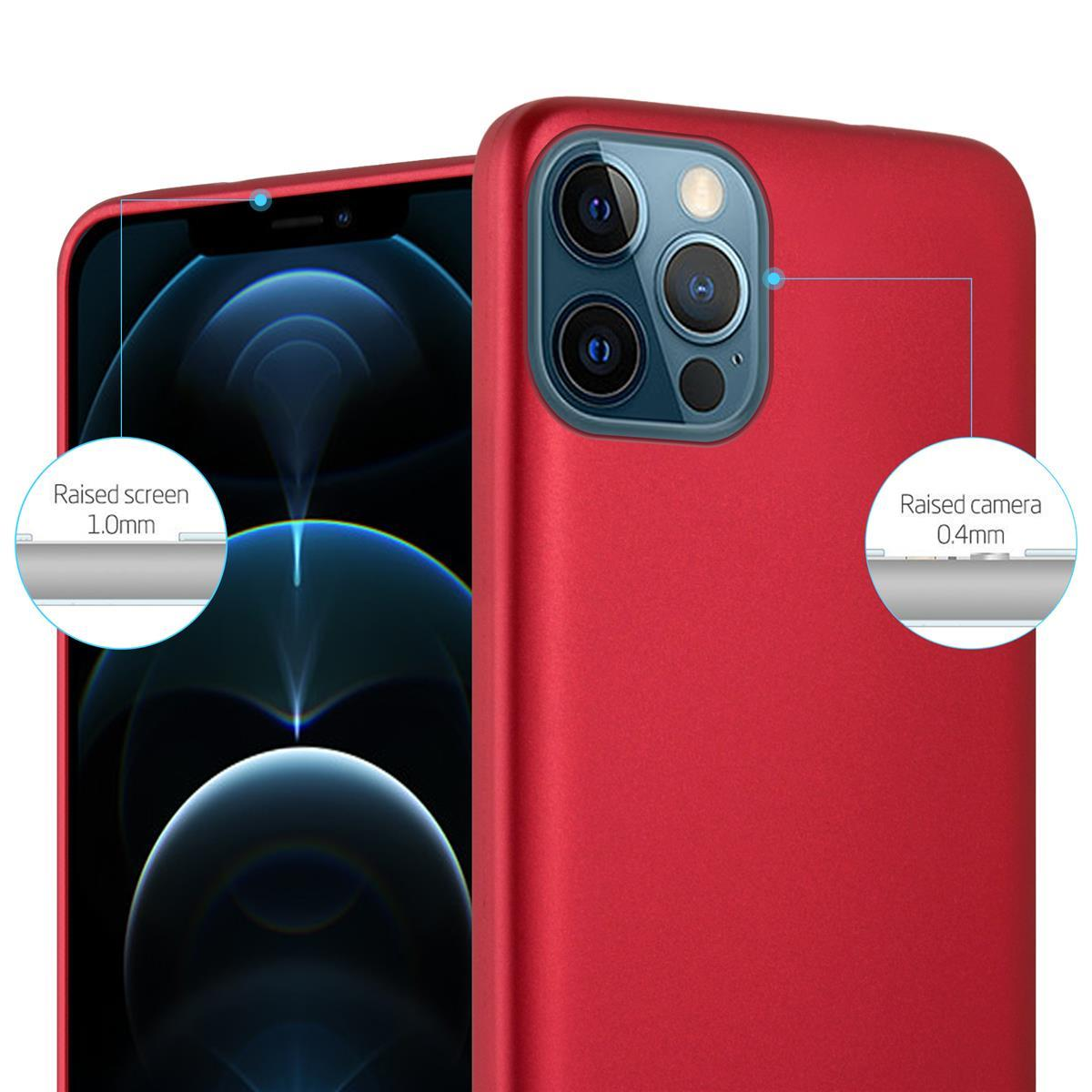 Custodia rossa per telefono con schermo e fotocamera rialzati. La custodia è intorno a un telefono nero.
