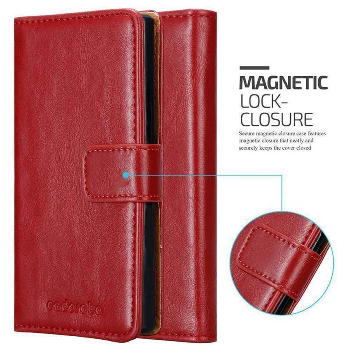 Custodia per telefono in pelle rossa con chiusura magnetica. Testo e dettaglio della chiusura.