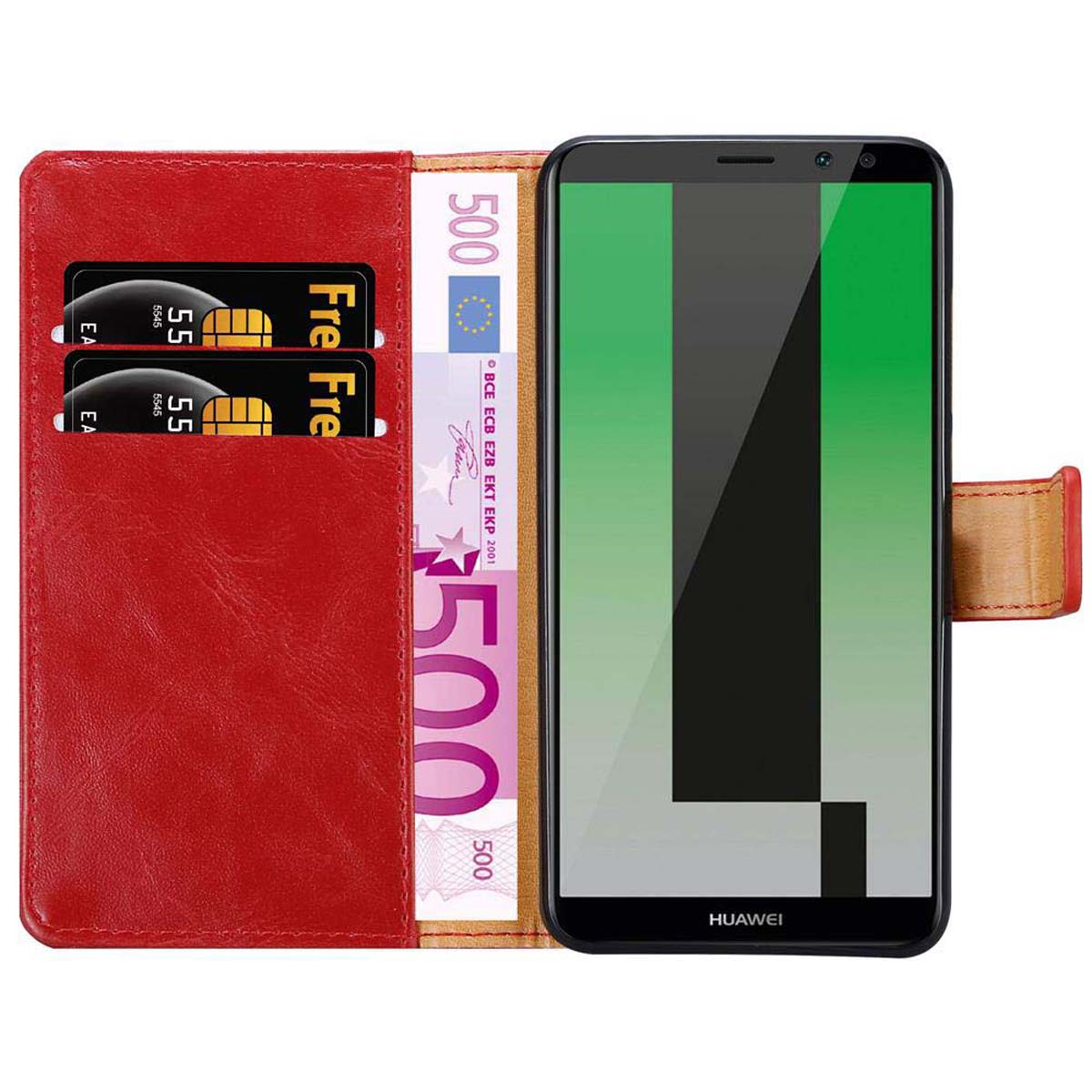 Portafoglio rosso con contanti e carte, uno smartphone accanto.