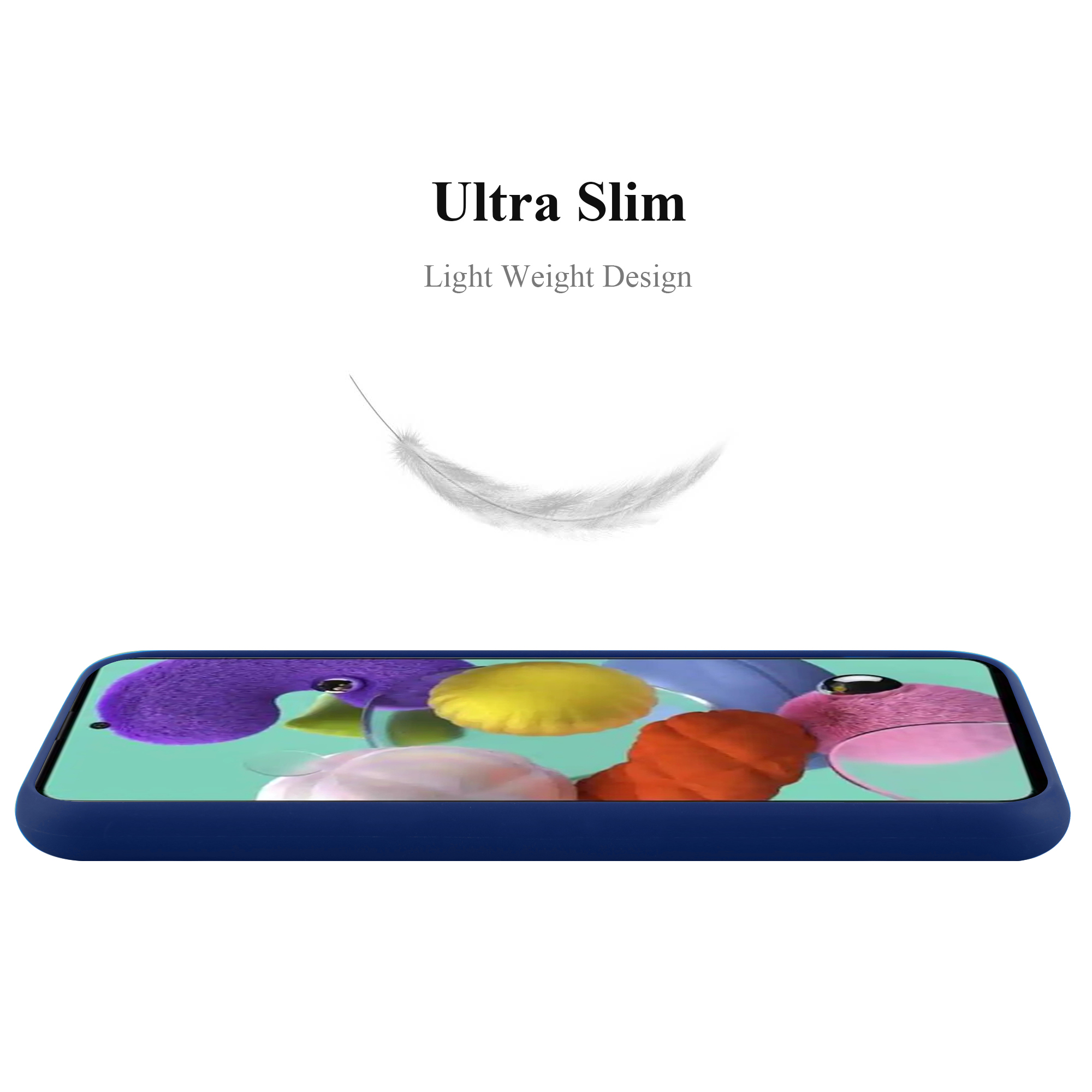 Custodia per telefono con piuma e scritta "Ultra Slim". Custodia blu scuro con schermo colorato.