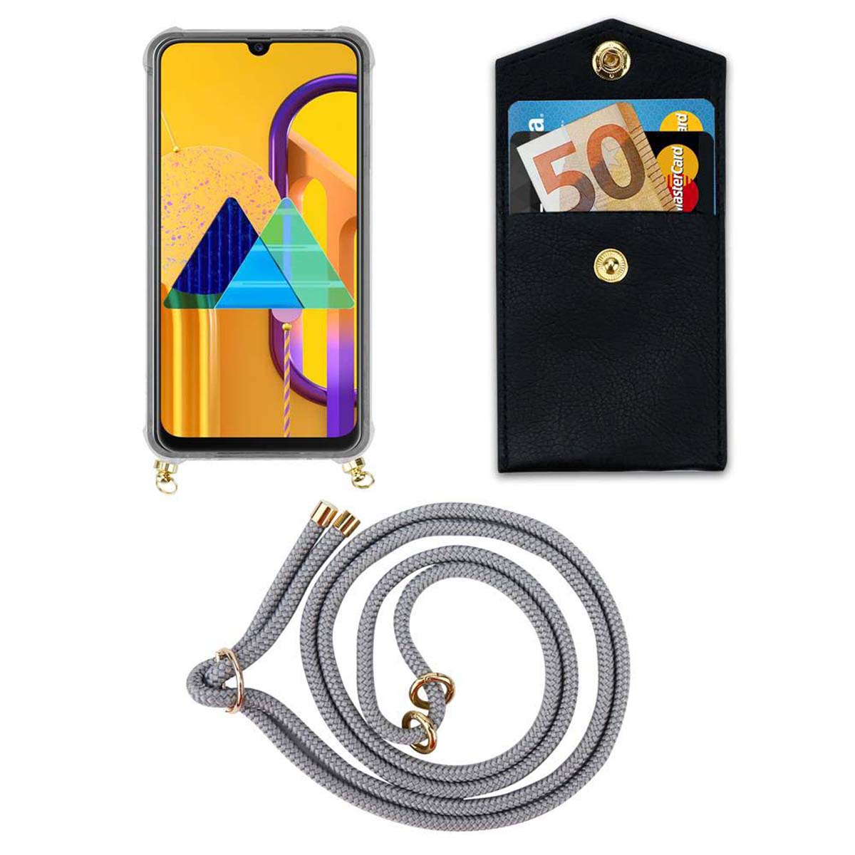 CADORABO Handy Kette mit Gold Samsung, GRAU Hülle, Ringen, Band abnehmbarer Galaxy SILBER Kordel und / M30s, Backcover, M21