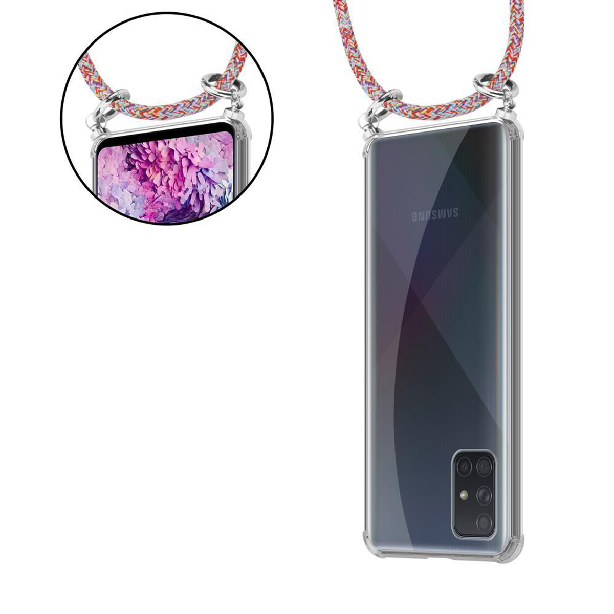 Ringen, CADORABO Backcover, Kordel abnehmbarer Band Hülle, Galaxy Silber COLORFUL Samsung, und A71 4G, PARROT Kette mit Handy