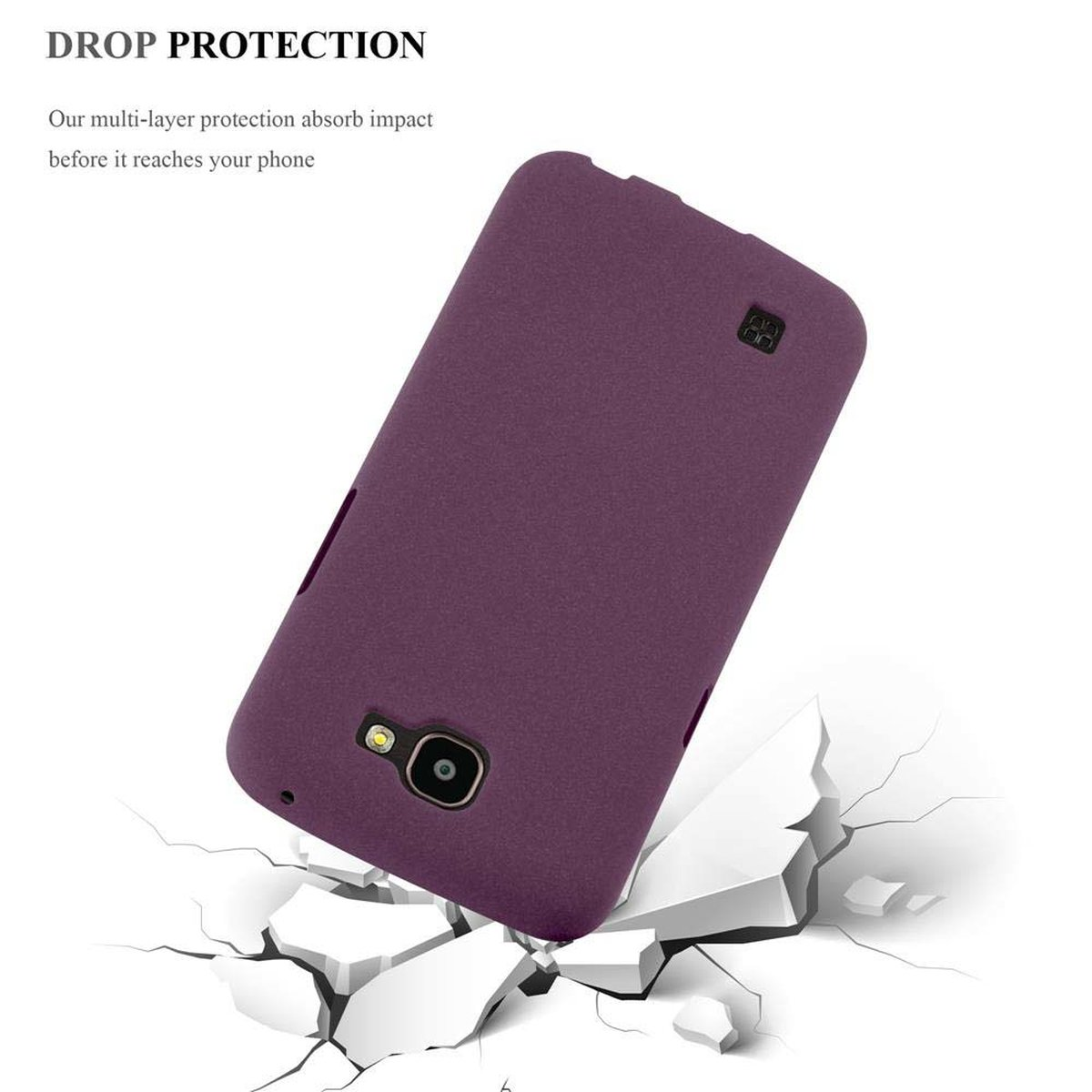 Custodia per telefono viola che cade. Terreno bianco rotto in primo piano. Il testo recita "DROP PROTECTION".