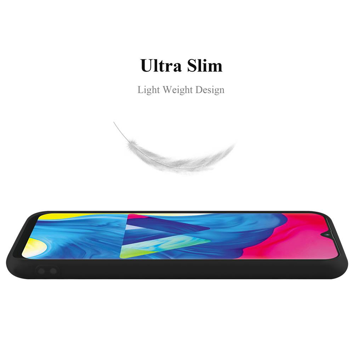 Custodia per telefono nera. Design ultra sottile. Una piuma fluttua sopra il telefono.