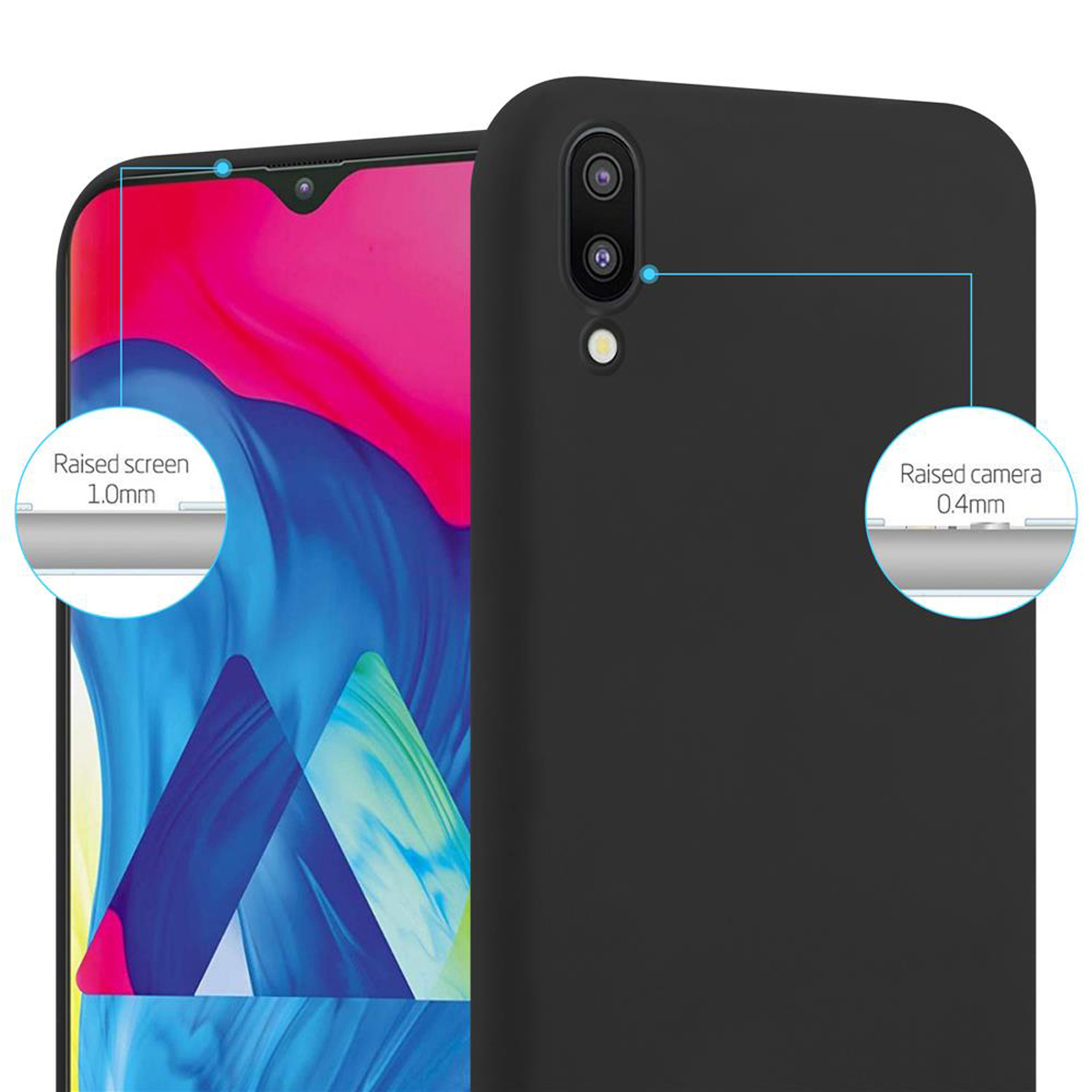 Custodia nera sul telefono, con dettagli dello schermo e della fotocamera rialzati.