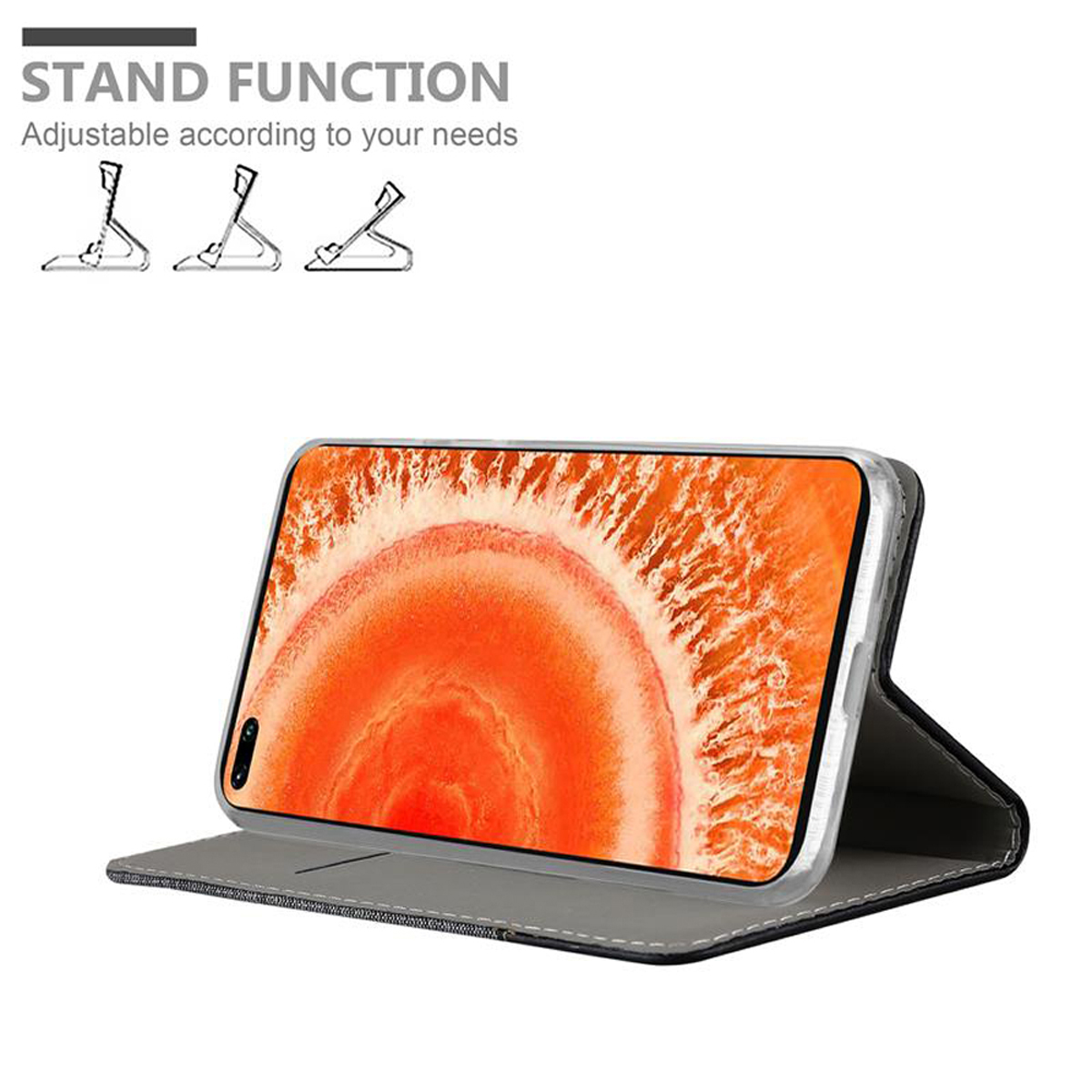 Custodia del telefono in posizione stand, mostra lo schermo. Testo: 'Funzione stand' e diagrammi delle posizioni.