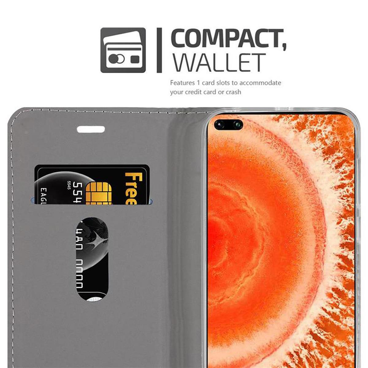 Custodia grigia con carta di credito e testo 'COMPACT, WALLET'. Lo schermo del telefono è visibile.