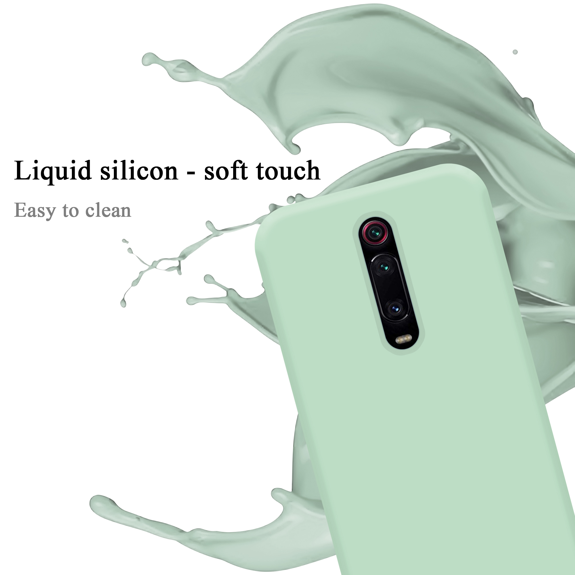 Una custodia per telefono verde chiaro con un telefono, spruzzi di liquido e una fotocamera rossa.
