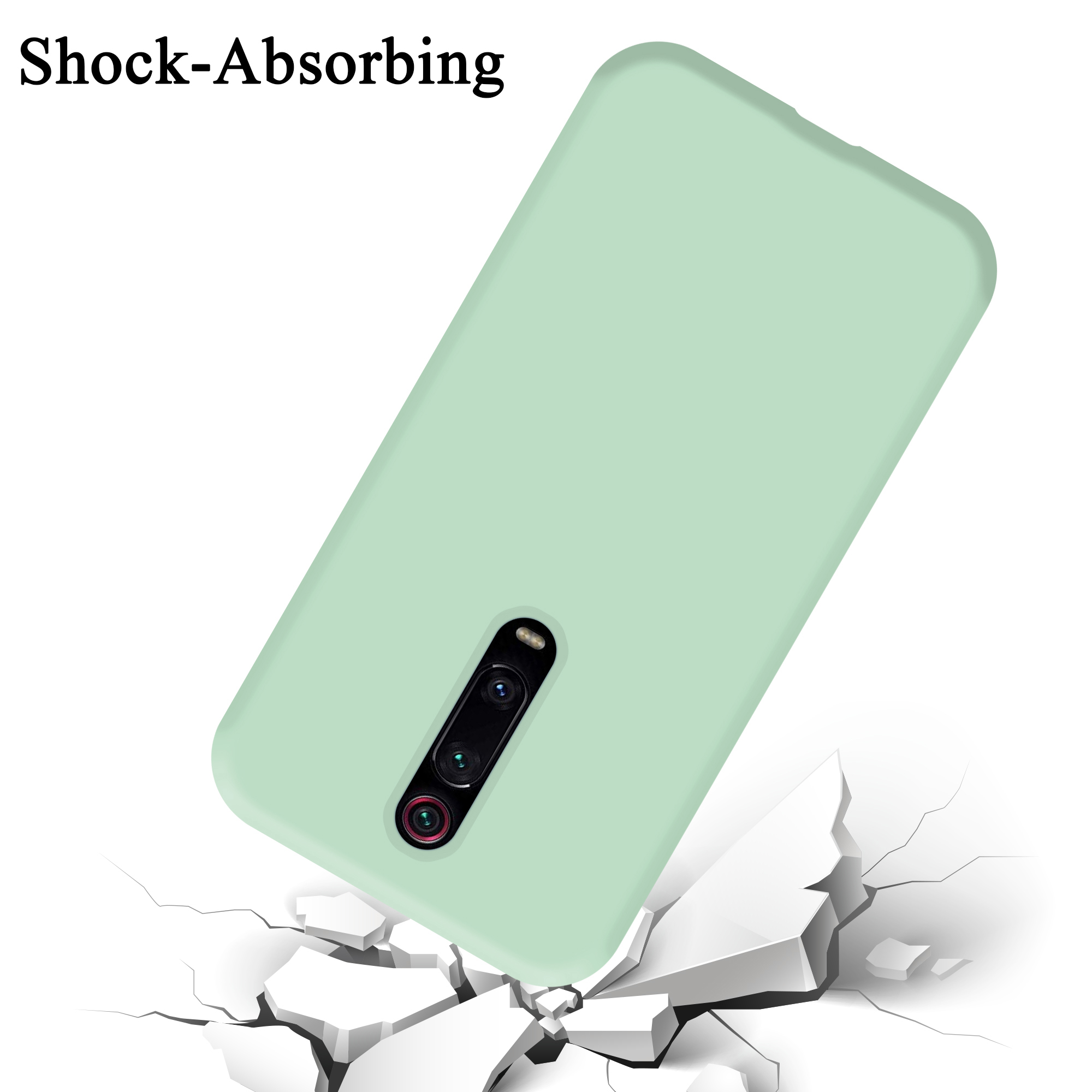 Custodia verde per telefono. Funzione di assorbimento degli urti. Incrinature sotto.