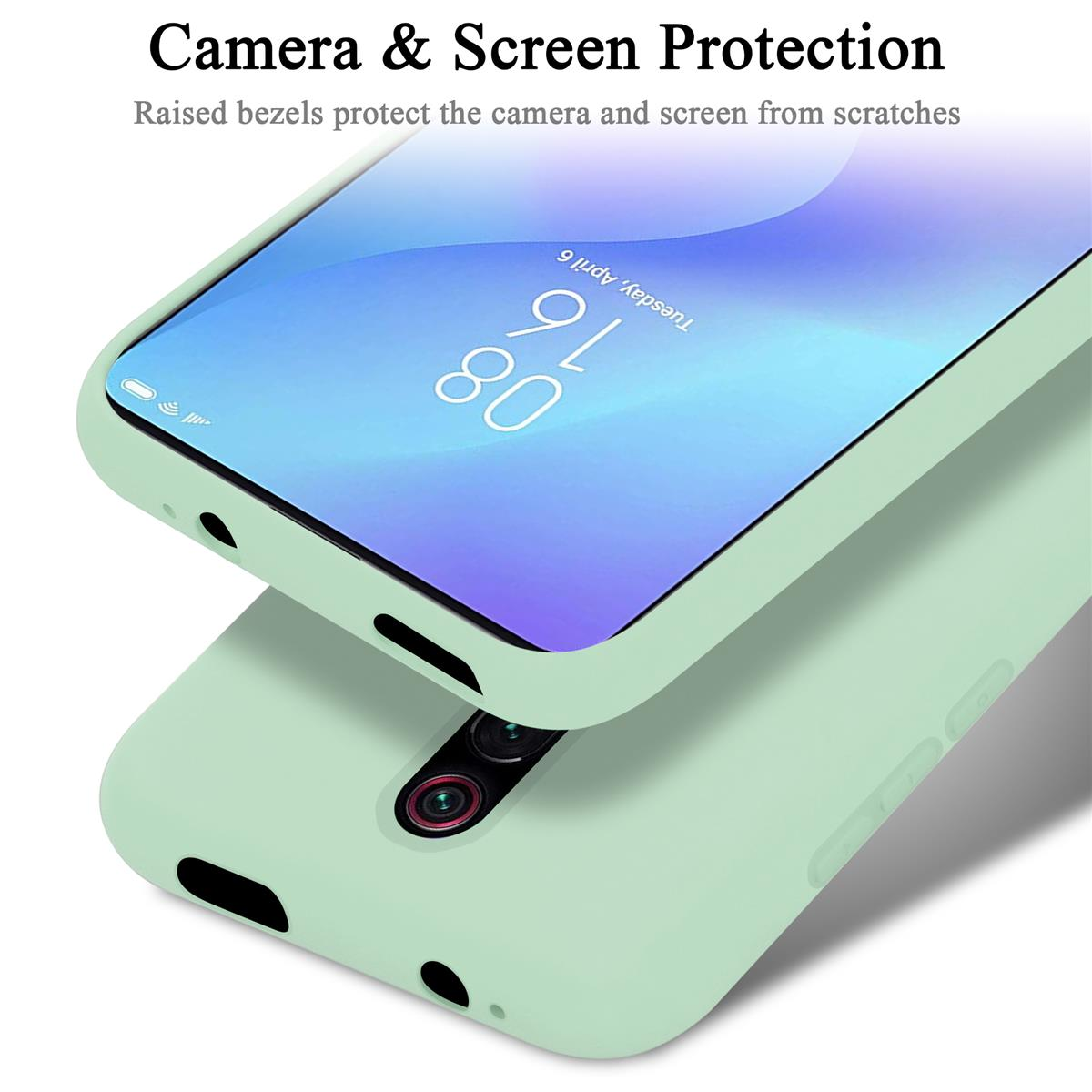 Una custodia per telefono di colore verde chiaro, con uno schermo del telefono visibile, che mostra la data e la protezione della fotocamera.