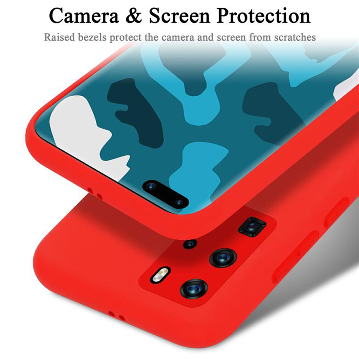 Custodia rossa per telefono, con un telefono all'interno. Testo: Protezione fotocamera e schermo. Il telefono mostra un motivo blu e bianco.