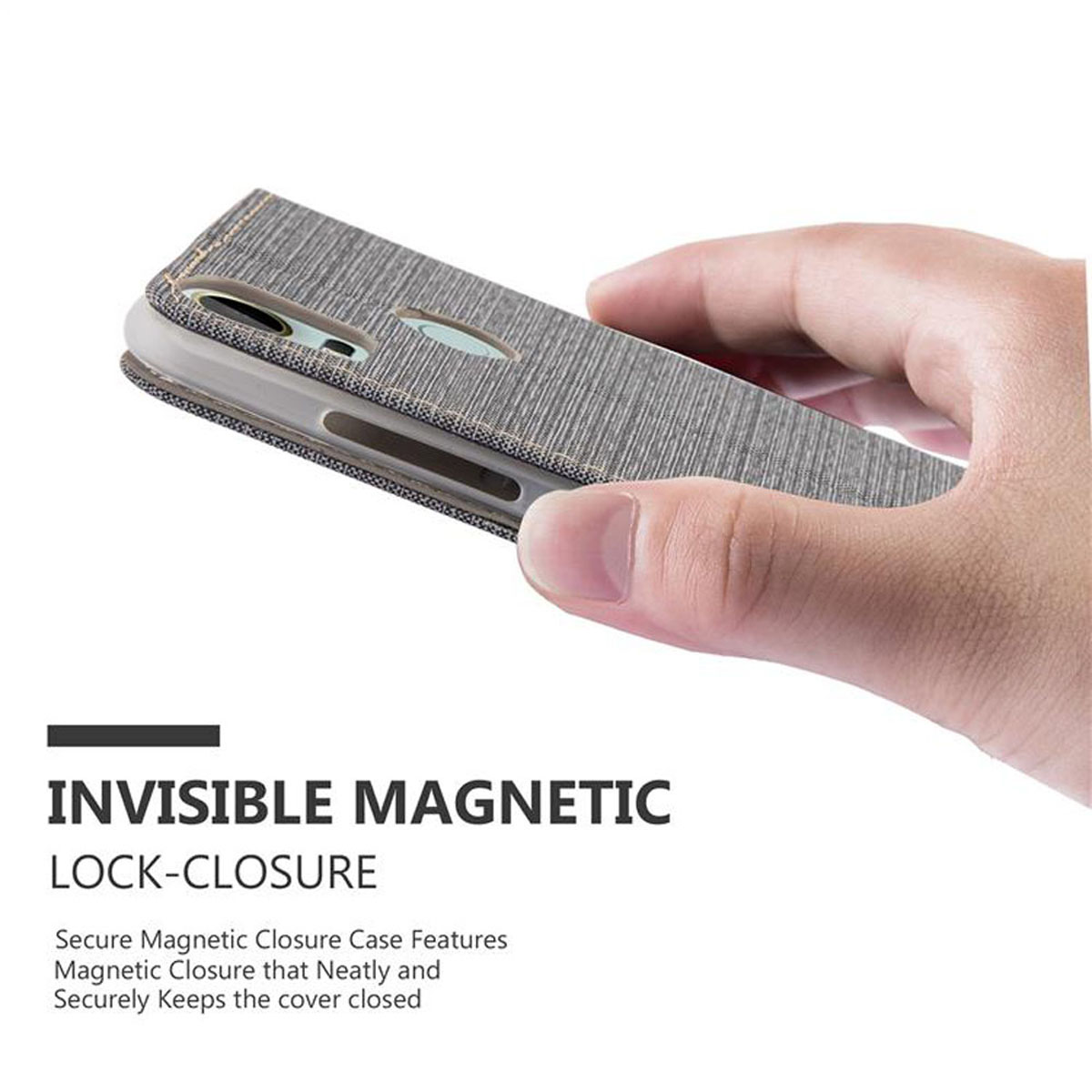 Eine Hand hält eine graue und holztexturierte Handyhülle. Die Worte "INVISIBLE MAGNETIC LOCK-CLOSURE" werden angezeigt.