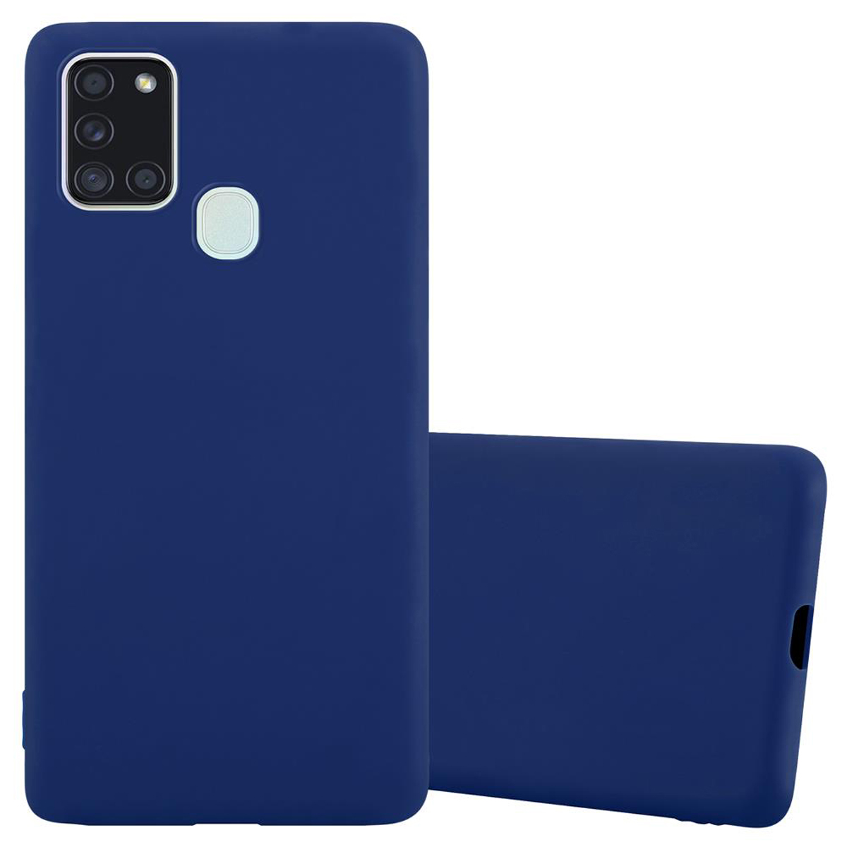 Blaue Telefonhüllen, eine stehend, eine flach. Weißer Hintergrund.