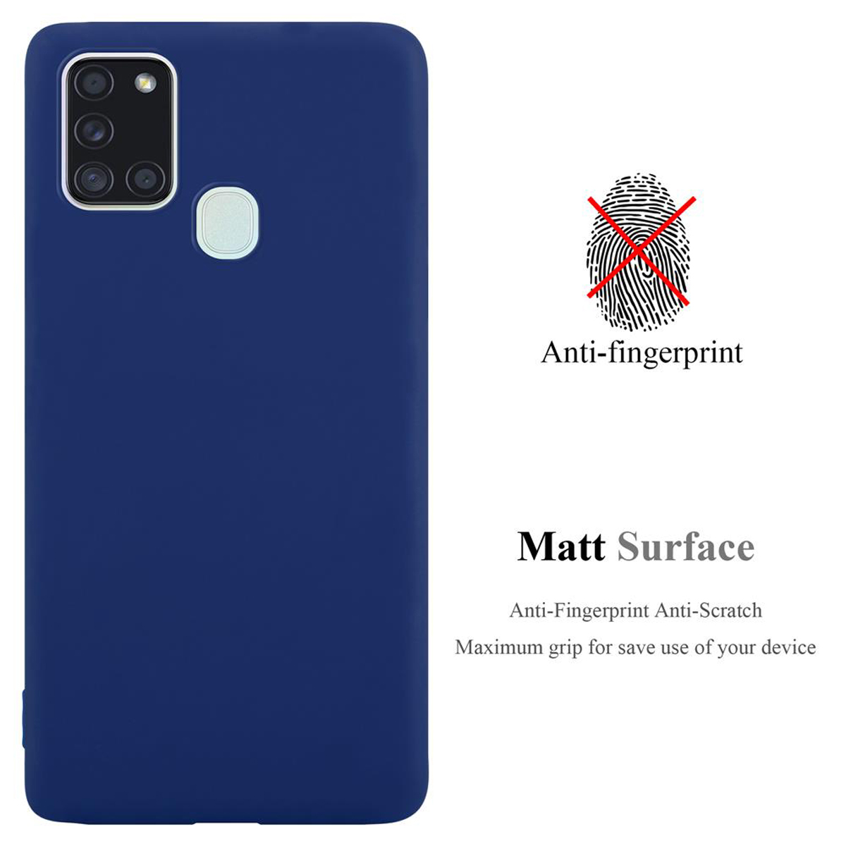 Blaue Handyhülle mit Anti-Fingerabdruck und matter Oberfläche. Fingerabdruck durchgestrichen.