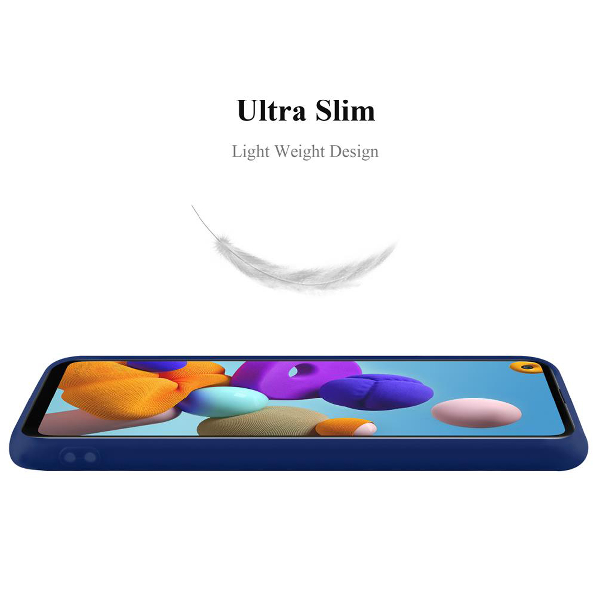 Dunkelblaue Handyhülle mit Telefon. Der Bildschirm zeigt bunte Formen.