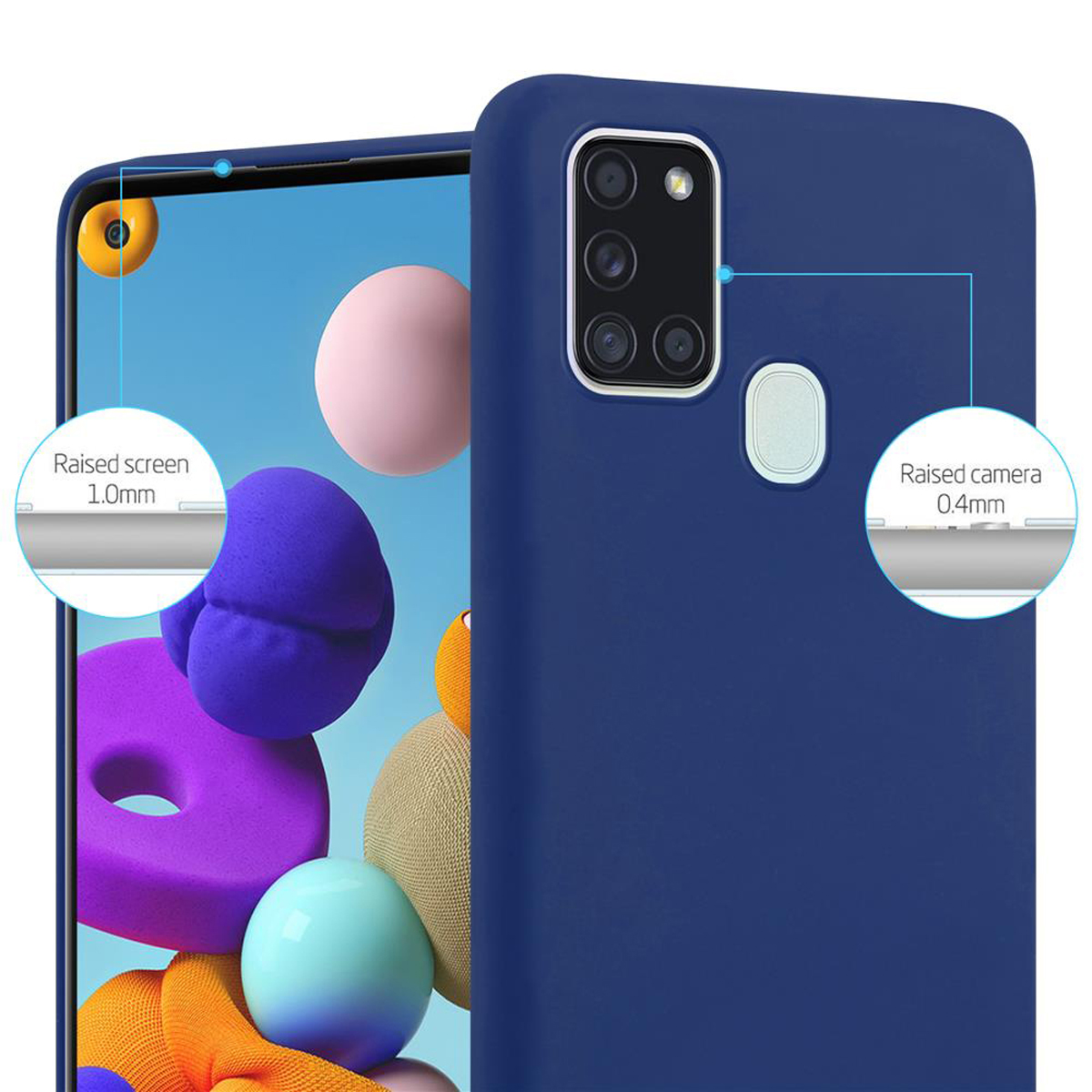 Handyhülle, blau mit erhöhtem Bildschirm- und Kameraschutz. Draufsicht auf das Telefon.