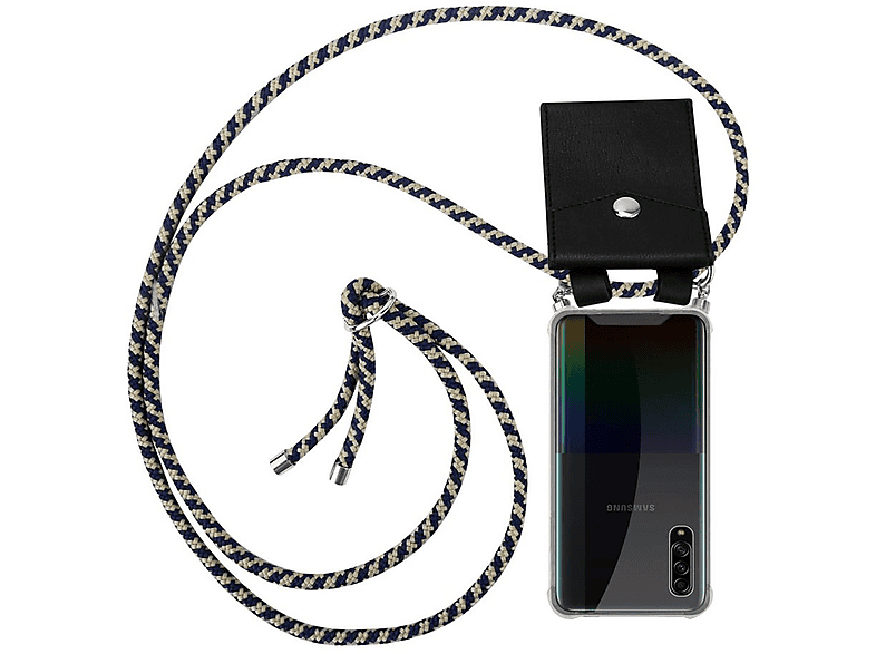 CADORABO Handy Kette mit Silber Ringen, Kordel Band und abnehmbarer Hülle, Backcover, Samsung, Galaxy A90 5G, DUNKELBLAU GELB