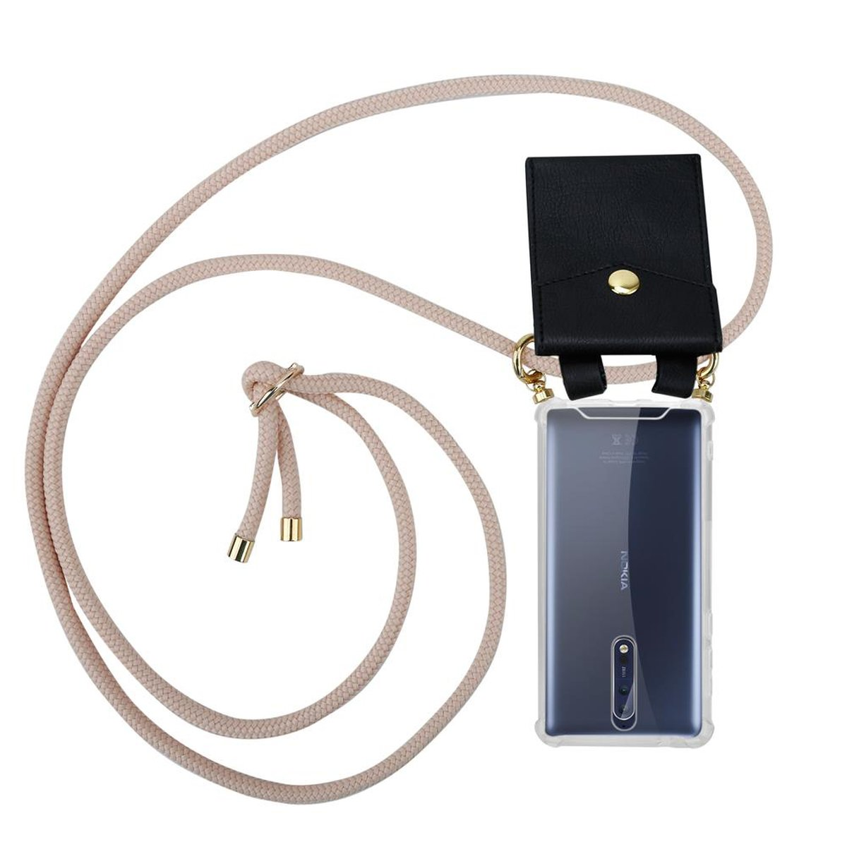 Eine Handyhülle mit hellrosa Seil. Es hat eine schwarze Lederhülle mit goldenem Knopf und ein Telefon.