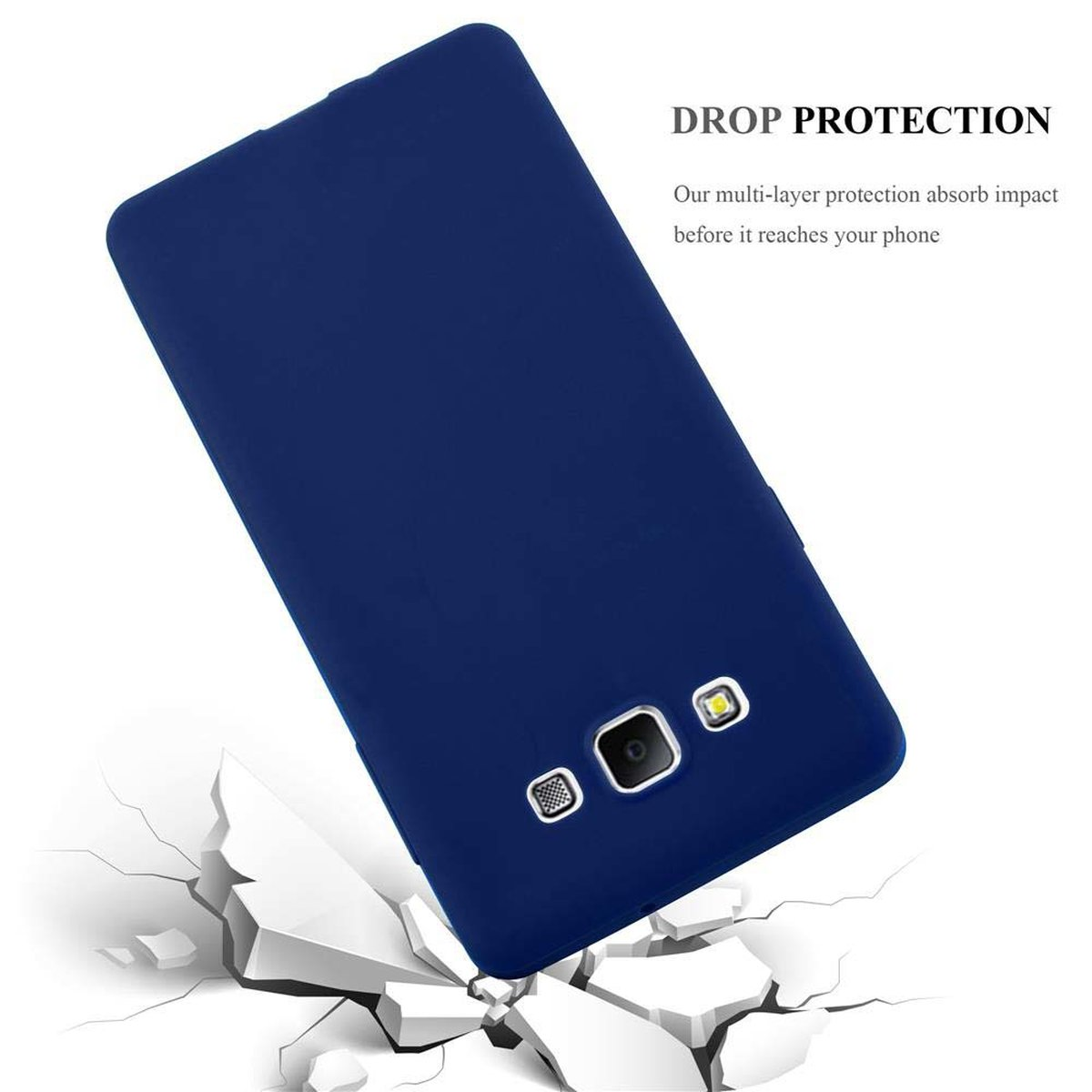 Blaue Handyhülle, Telefon leicht geneigt, mit Text: Drop Protection und das Telefon droht zu zerbrechen.