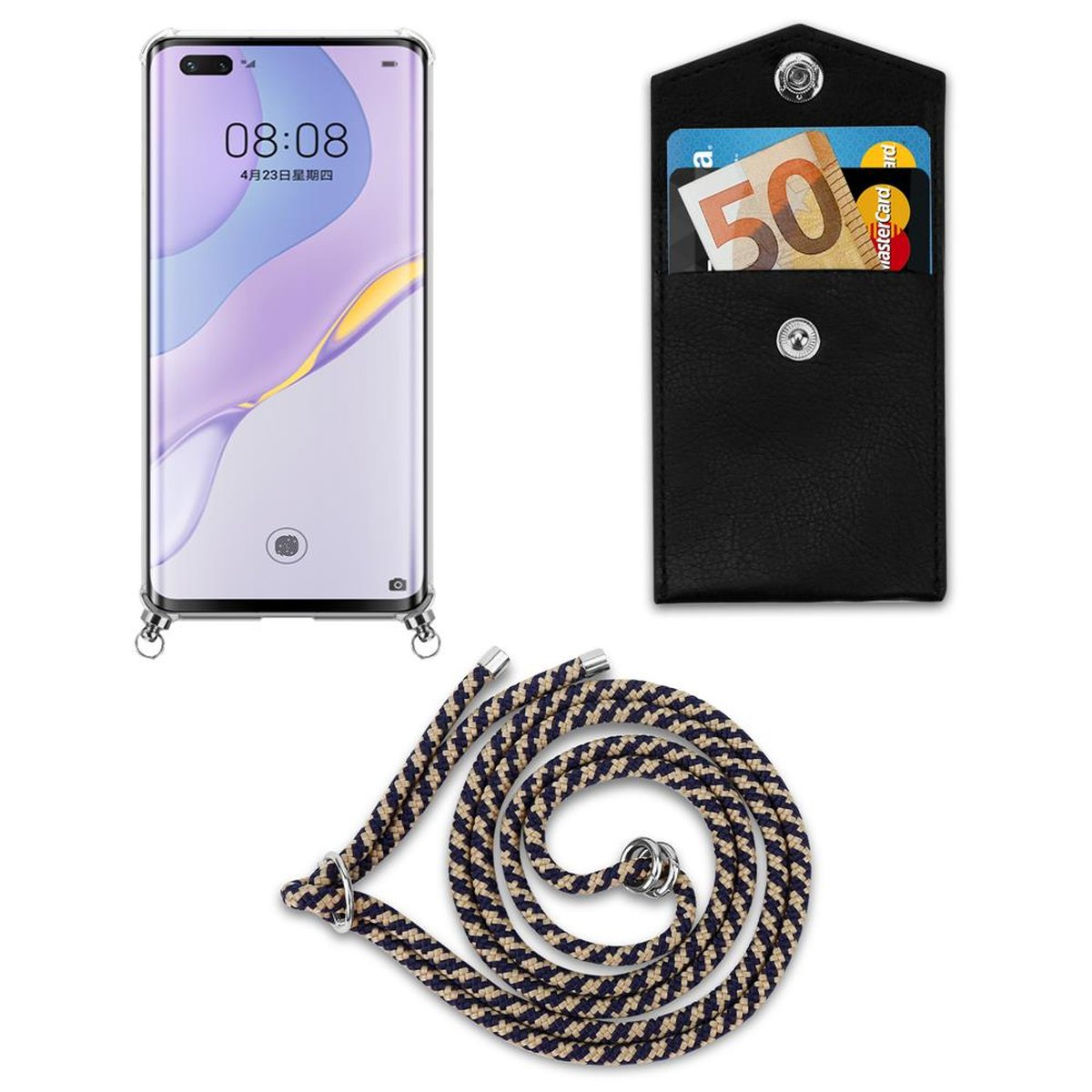 Handy Ringen, PRO NOVA Backcover, 5G, Band Huawei, mit DUNKELBLAU Kette Kordel GELB Hülle, und 7 abnehmbarer CADORABO Silber