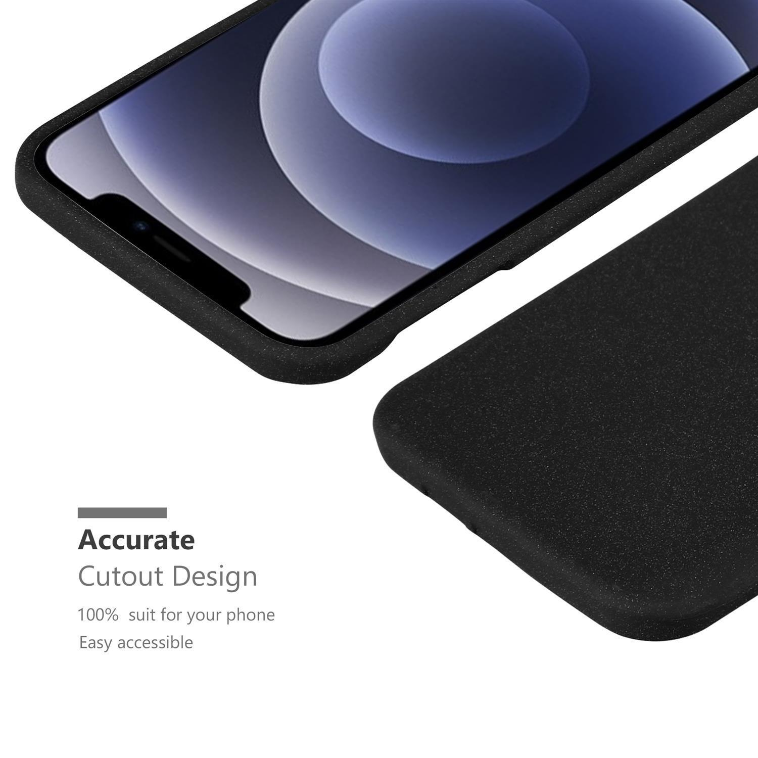 Custodia nera per telefono accanto a un telefono. Testo: Design ritagliato preciso.
