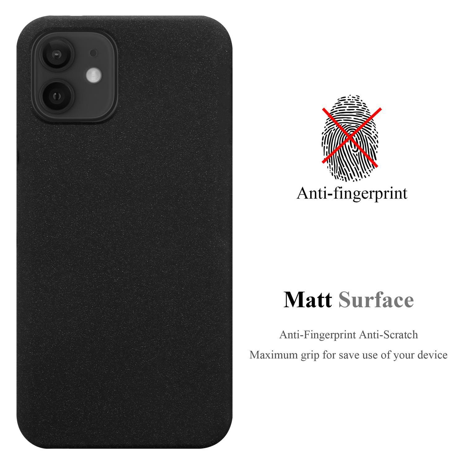 Custodia nera con telefono. La custodia ha testo e un simbolo di impronta digitale barrato.