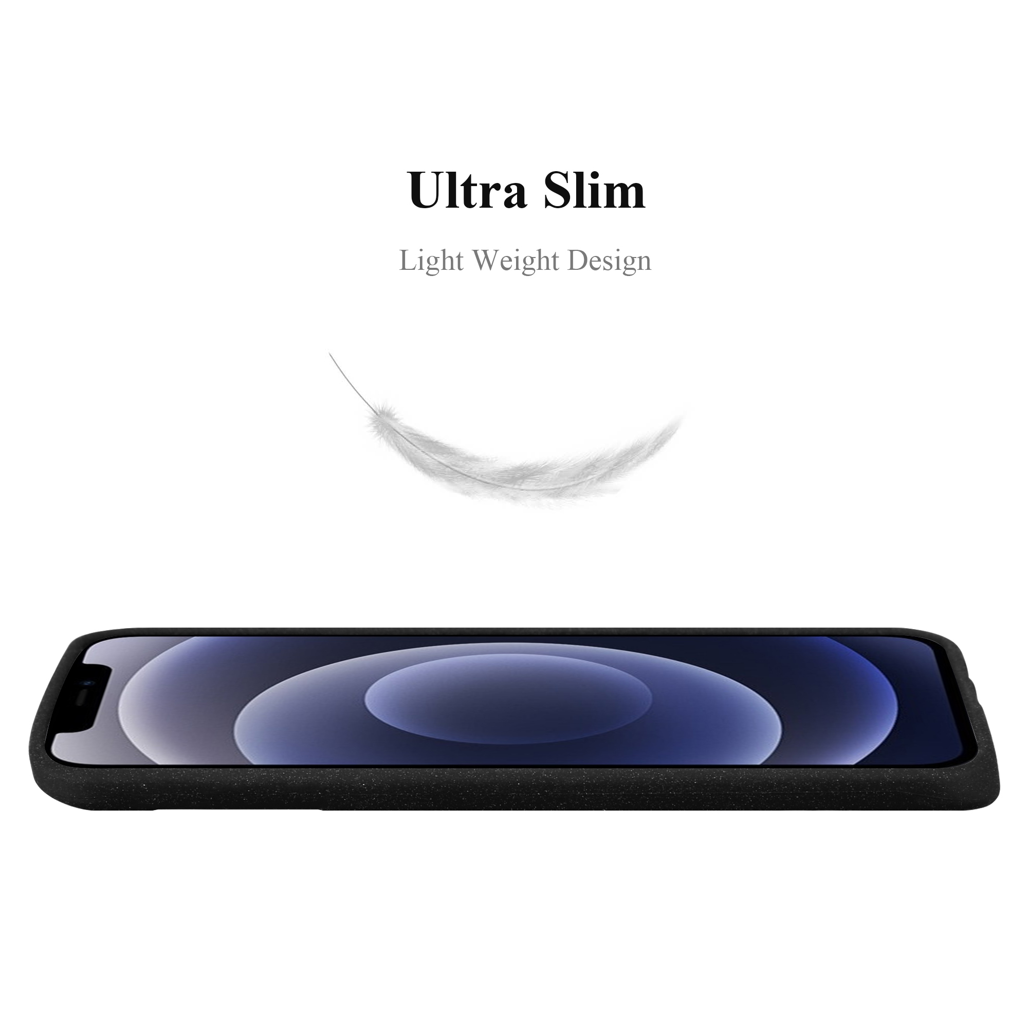 Custodia nera con grafica a piuma, con testo 'Ultra Slim'.