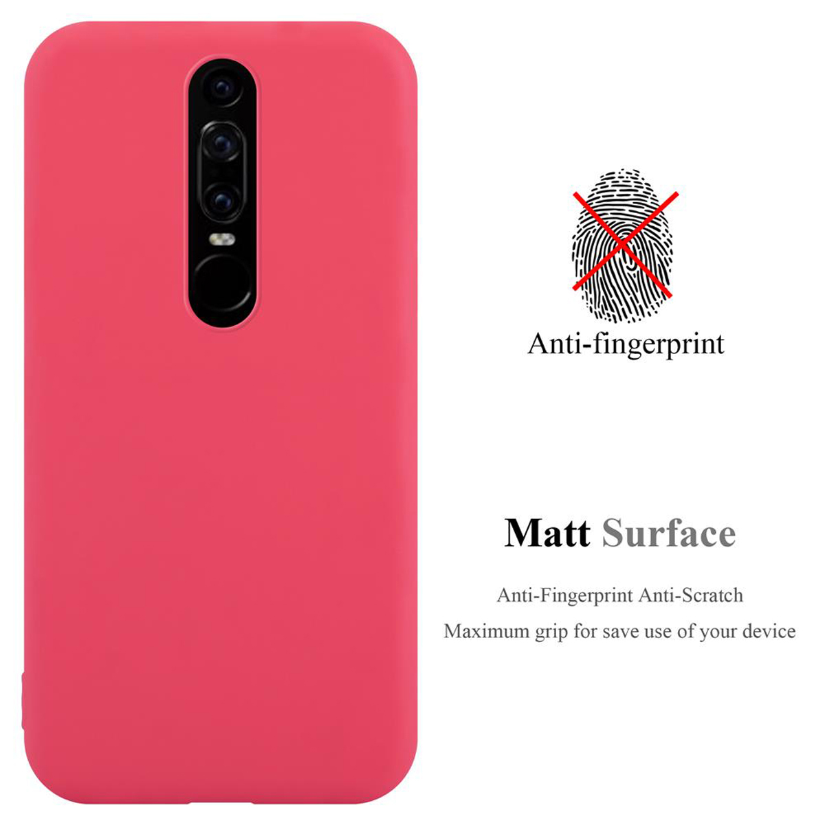 Custodia per telefono rossa. Anti-impronta e superficie opaca, con una grafica che mostra un'impronta digitale sbarrata.