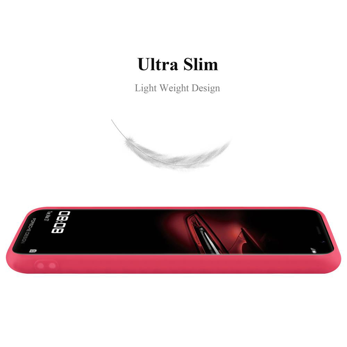 Una custodia rossa per telefono con un telefono all'interno. Ha le parole "Ultra Slim" e "Light Weight Design".