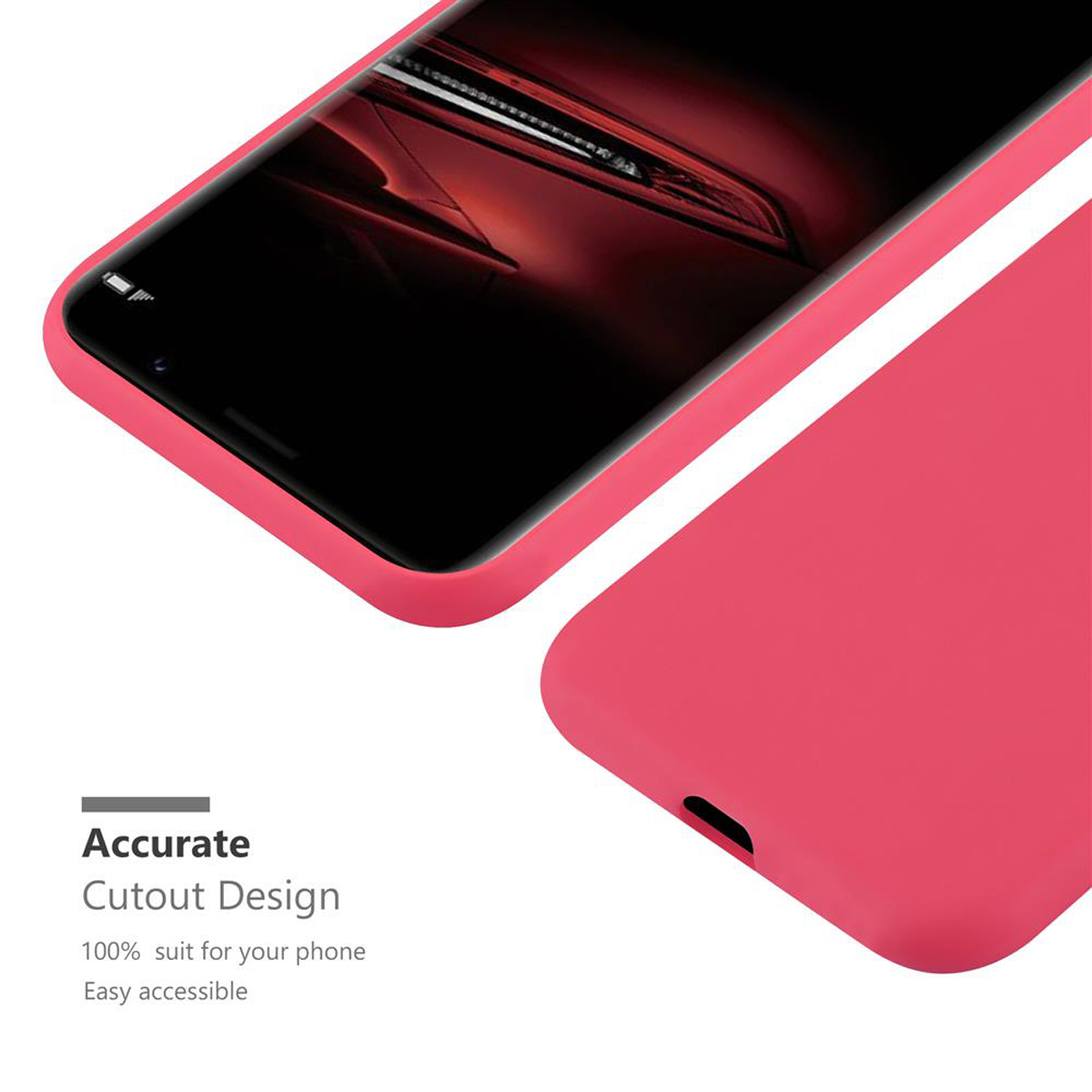 Una custodia per telefono rosa. Il telefono è parzialmente nella custodia, mostrando lo schermo. Il design ritagliato è enfatizzato.