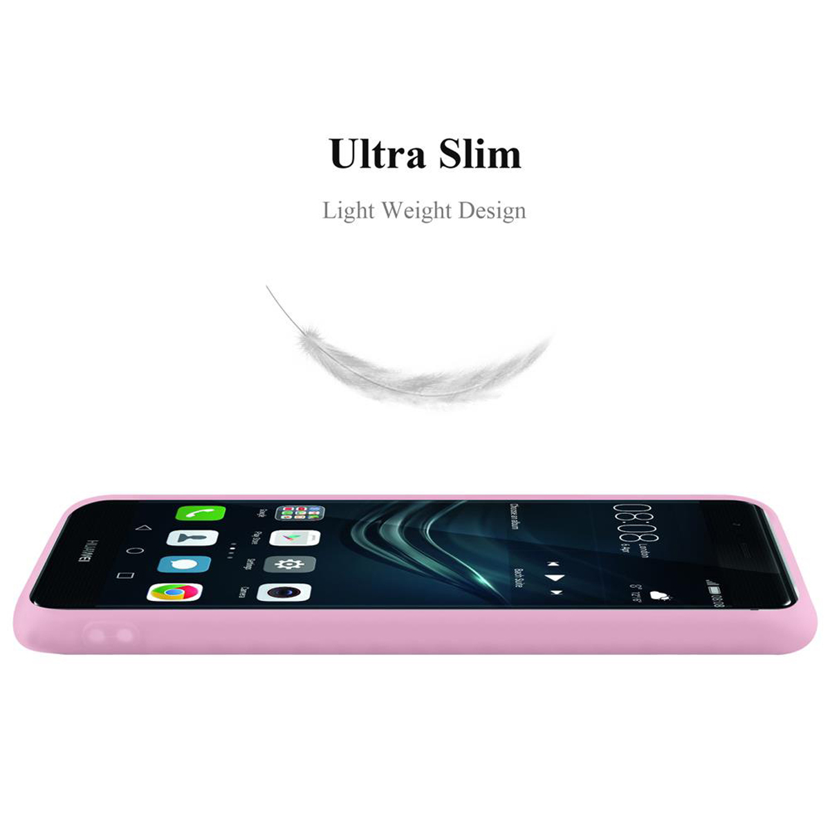 Rosa Handyhülle. Telefon zeigt Apps. Weißer Hintergrund. Text: Ultra Slim, Light Weight Design.