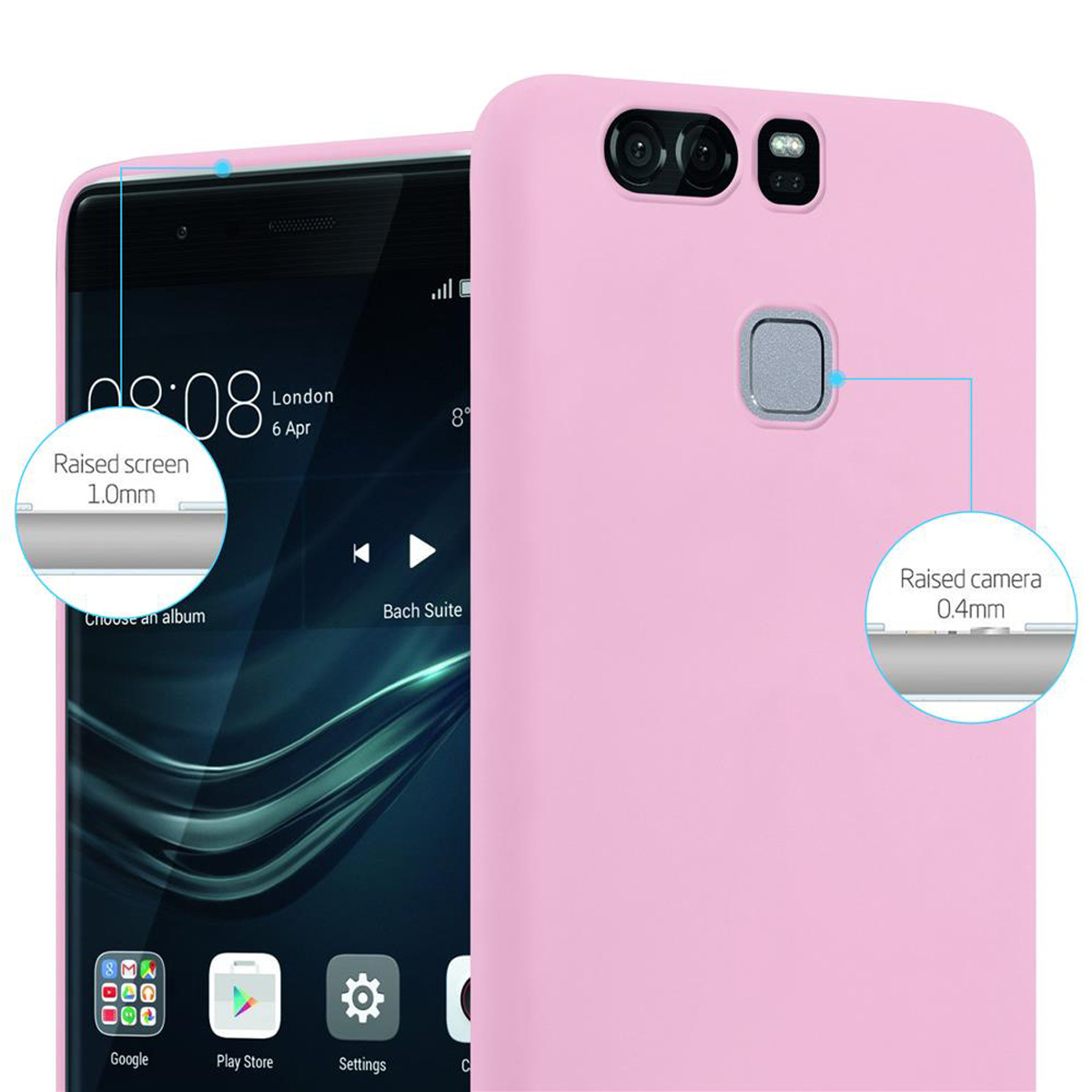 Rosa Handyhülle mit Telefon, mit Etiketten für erhöhten Bildschirm und Kamera.
