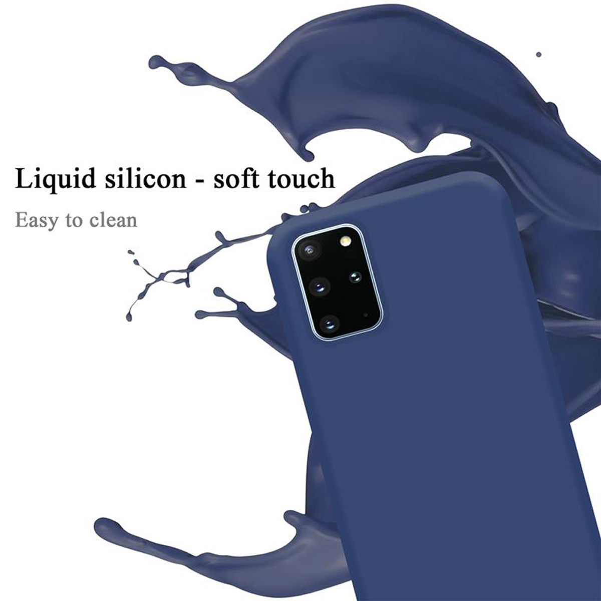 Una custodia per telefono blu con uno spruzzo di liquido blu. La custodia del telefono è per un telefono con più fotocamere.