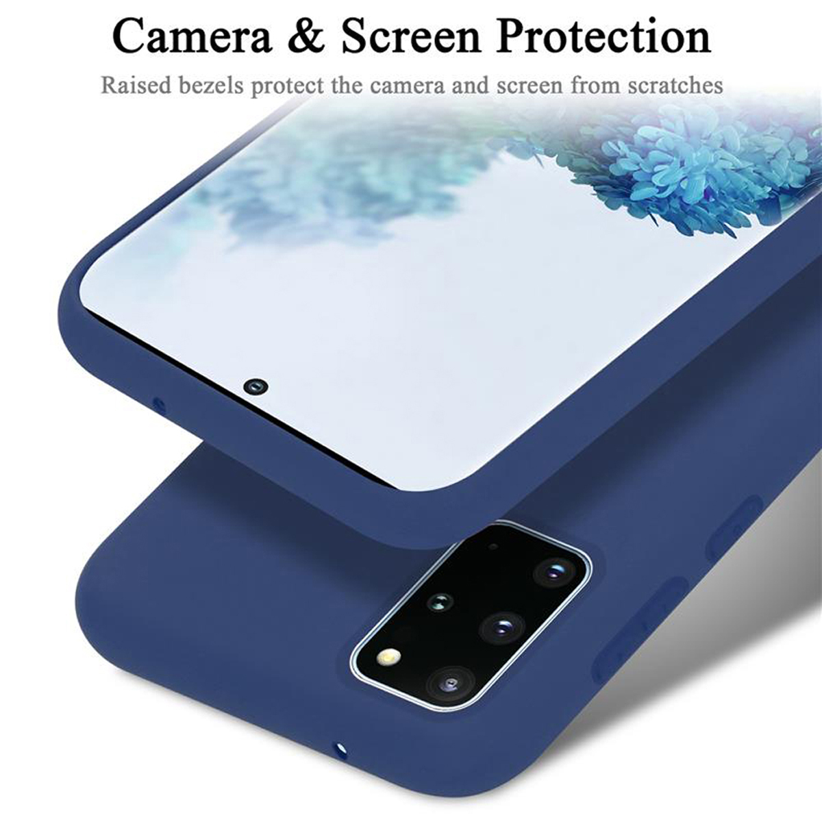 Custodia blu con telefono all'interno e bordi rialzati. Testo: Protezione fotocamera e schermo.