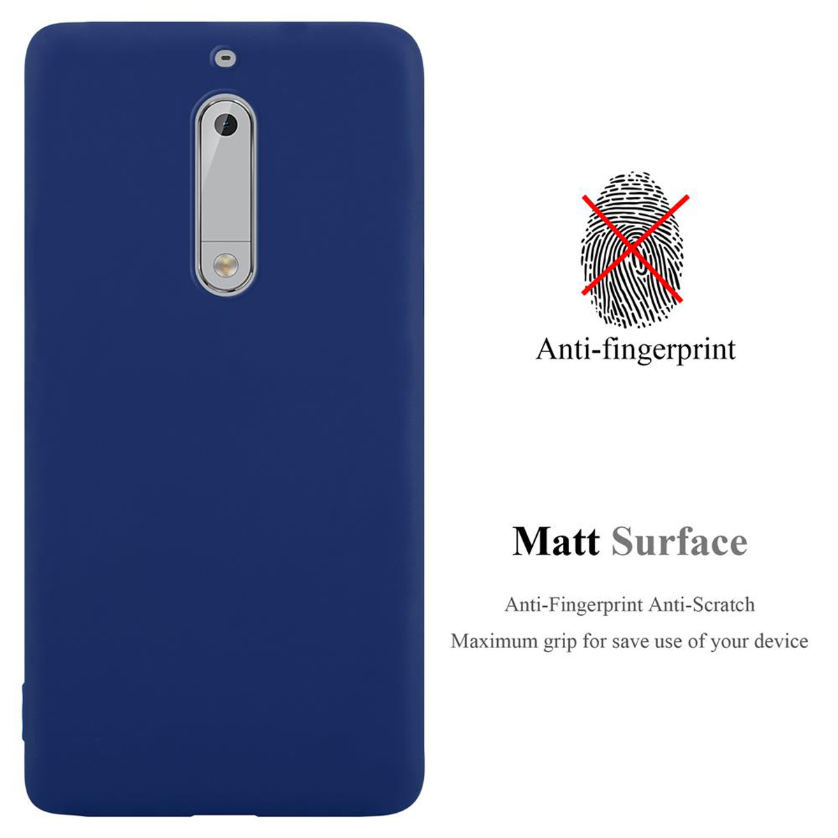 Custodia per telefono blu scuro con testo anti-impronte, nessun simbolo di impronta digitale. Testo: Superficie opaca.