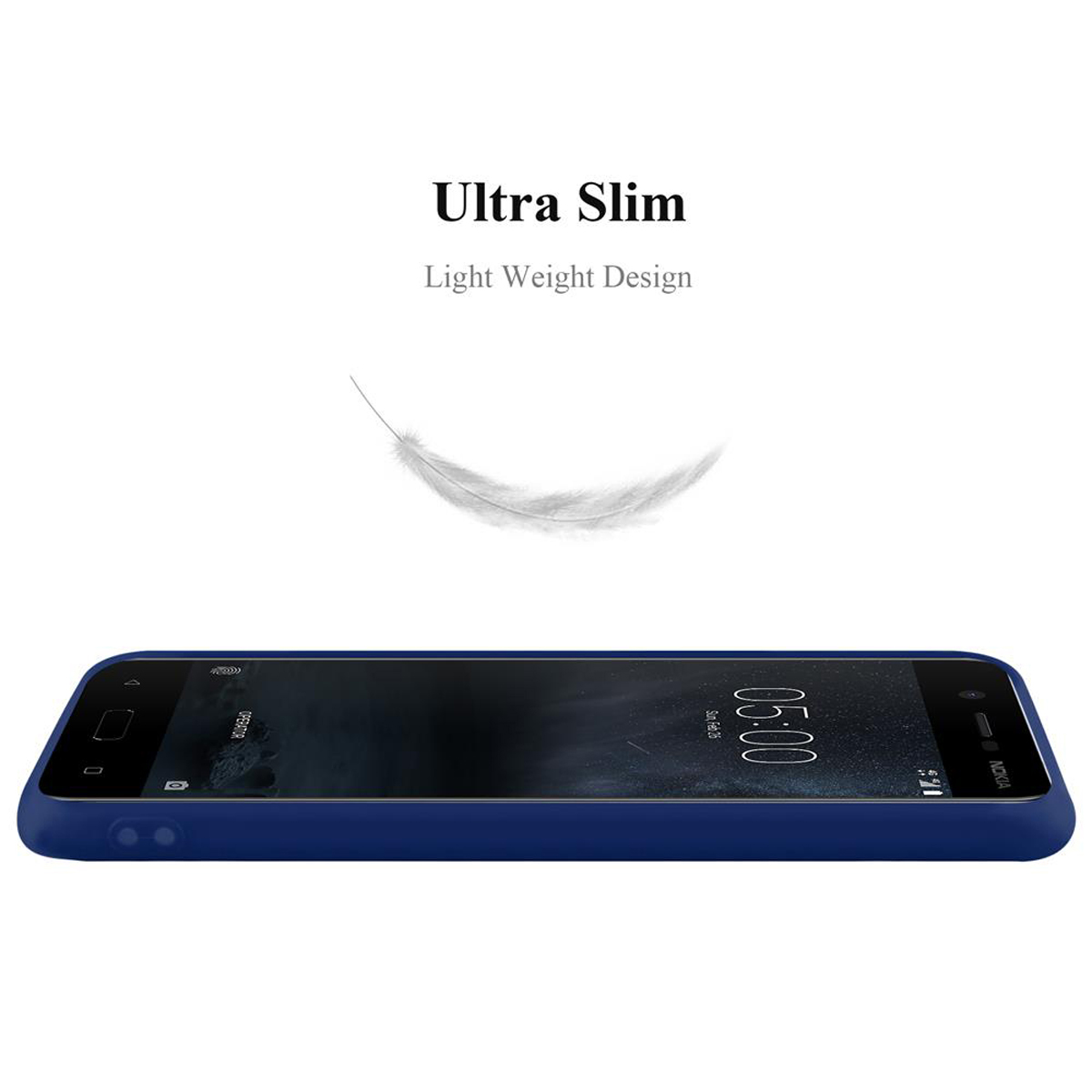 Telefono blu scuro in una custodia blu scuro. Piuma bianca sullo sfondo. Testo: Ultra Slim.