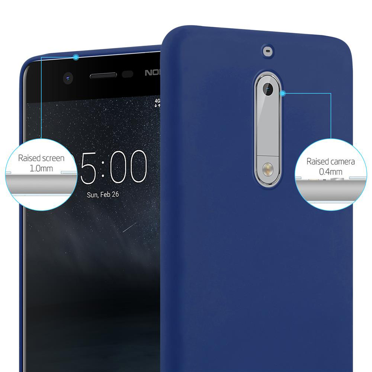 Custodia blu con schermo e fotocamera rialzati. Il testo indica le dimensioni.