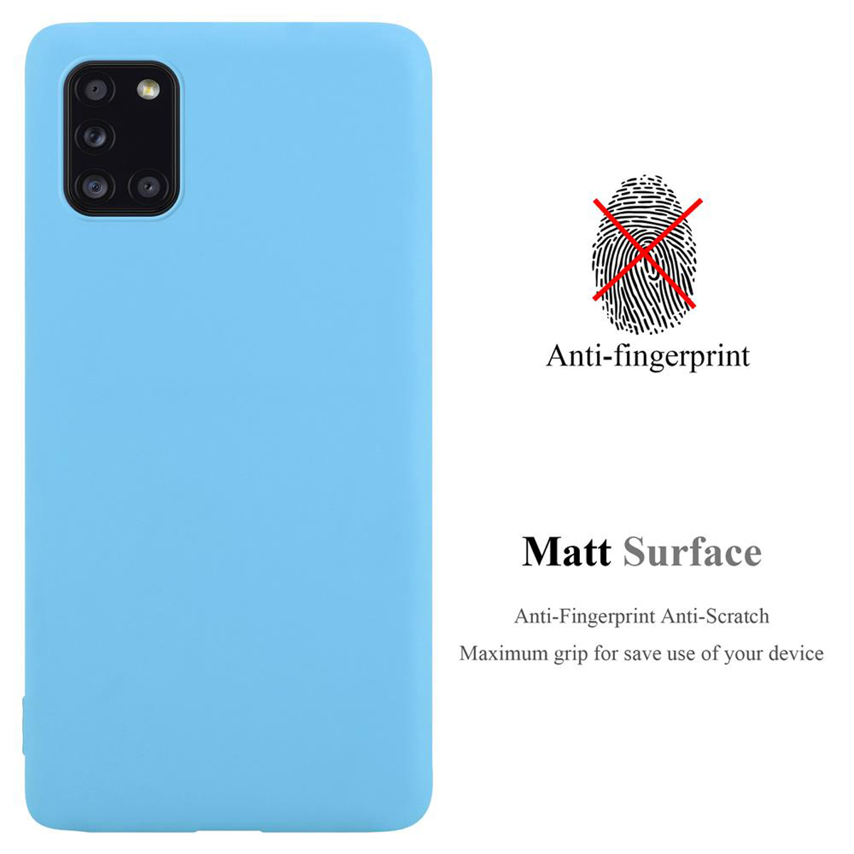 Custodia telefono azzurra. Testo: Superficie opaca, Anti-impronte. Nessun grafico impronte.