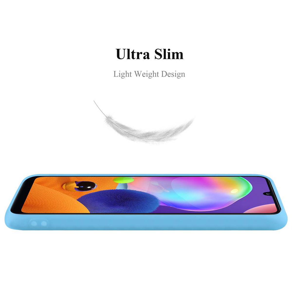 Custodia blu per telefono, vista laterale. La custodia è sottile, con una grafica di piuma sopra.