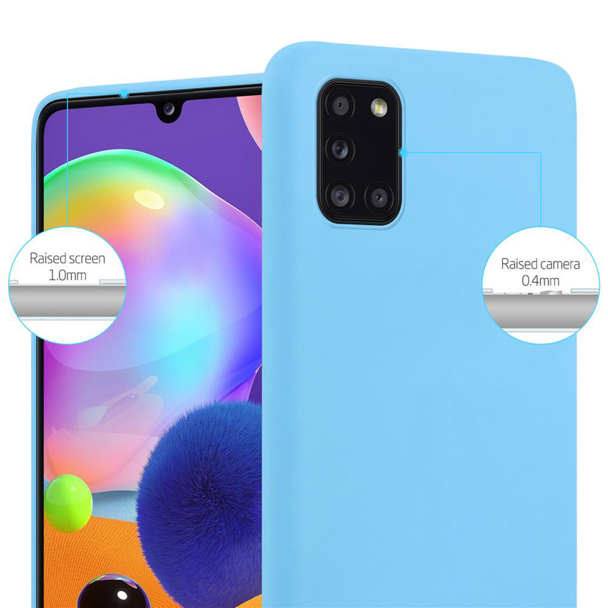 Custodia blu chiaro con protezione schermo e fotocamera rialzate. Etichette di testo mostrano l'altezza in mm.