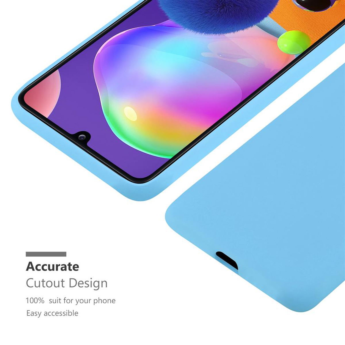 Una custodia per telefono azzurra con un telefono all'interno, con testo bianco 'Accurate Cutout Design'.