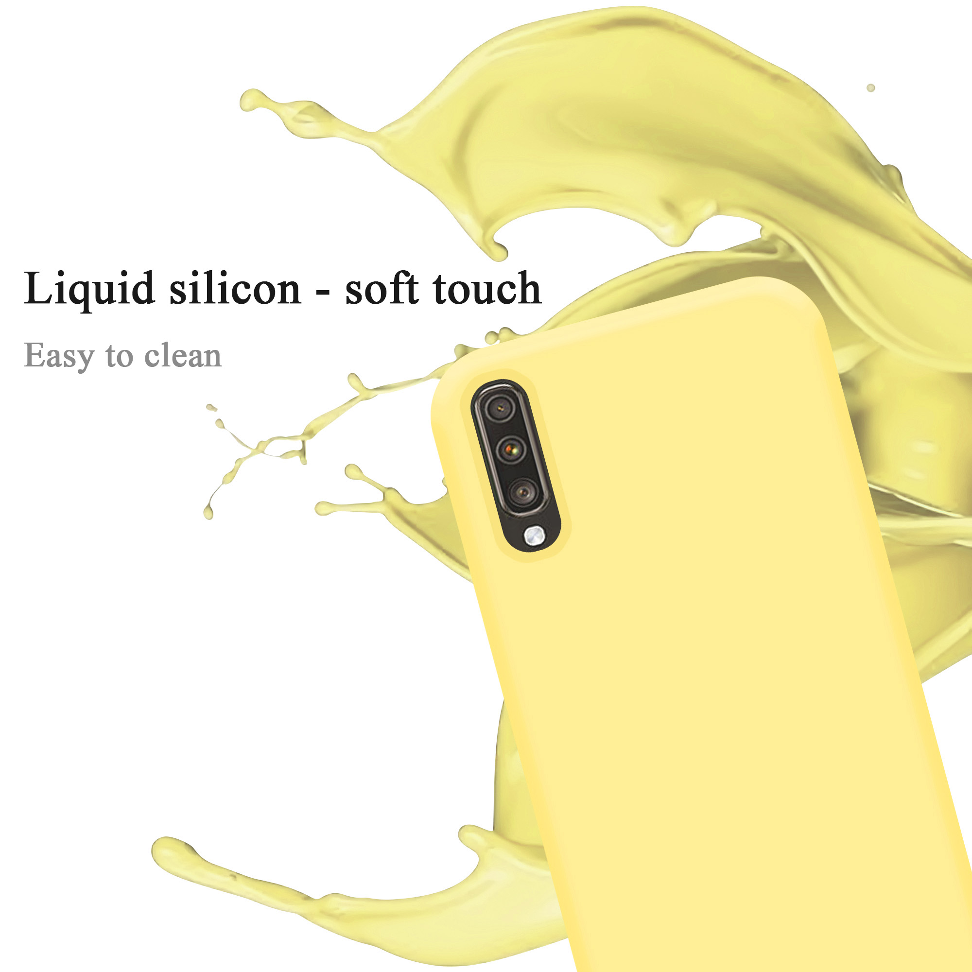 Gelbe Handyhülle. Text: Flüssiges Silikon - Soft-Touch. Leicht zu reinigen. Gelbe Flüssigkeitsspritzer.