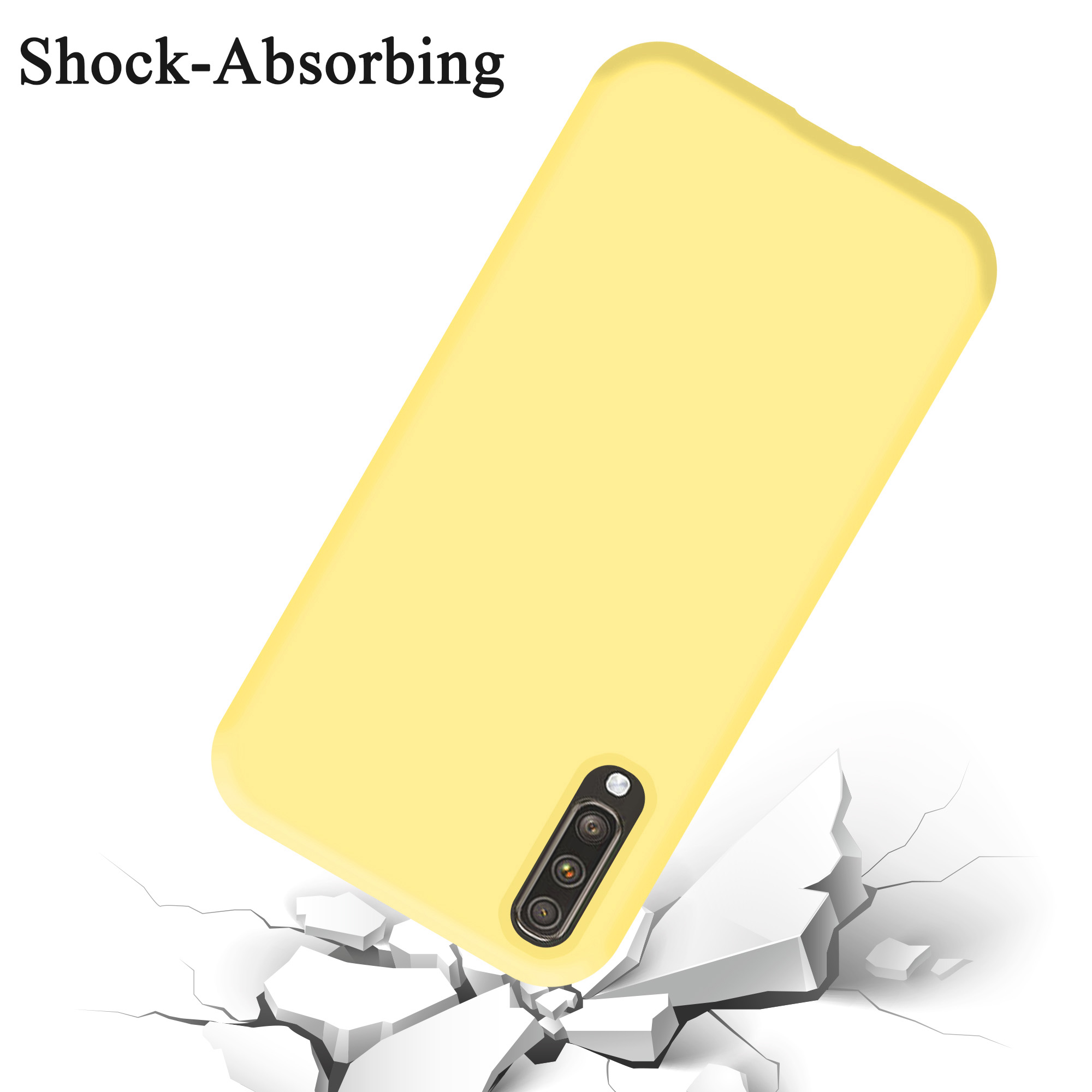 Gelbe Handyhülle fällt. Weißer, zerbrochener Boden im Vordergrund. Text lautet: „Shock-Absorbing“.